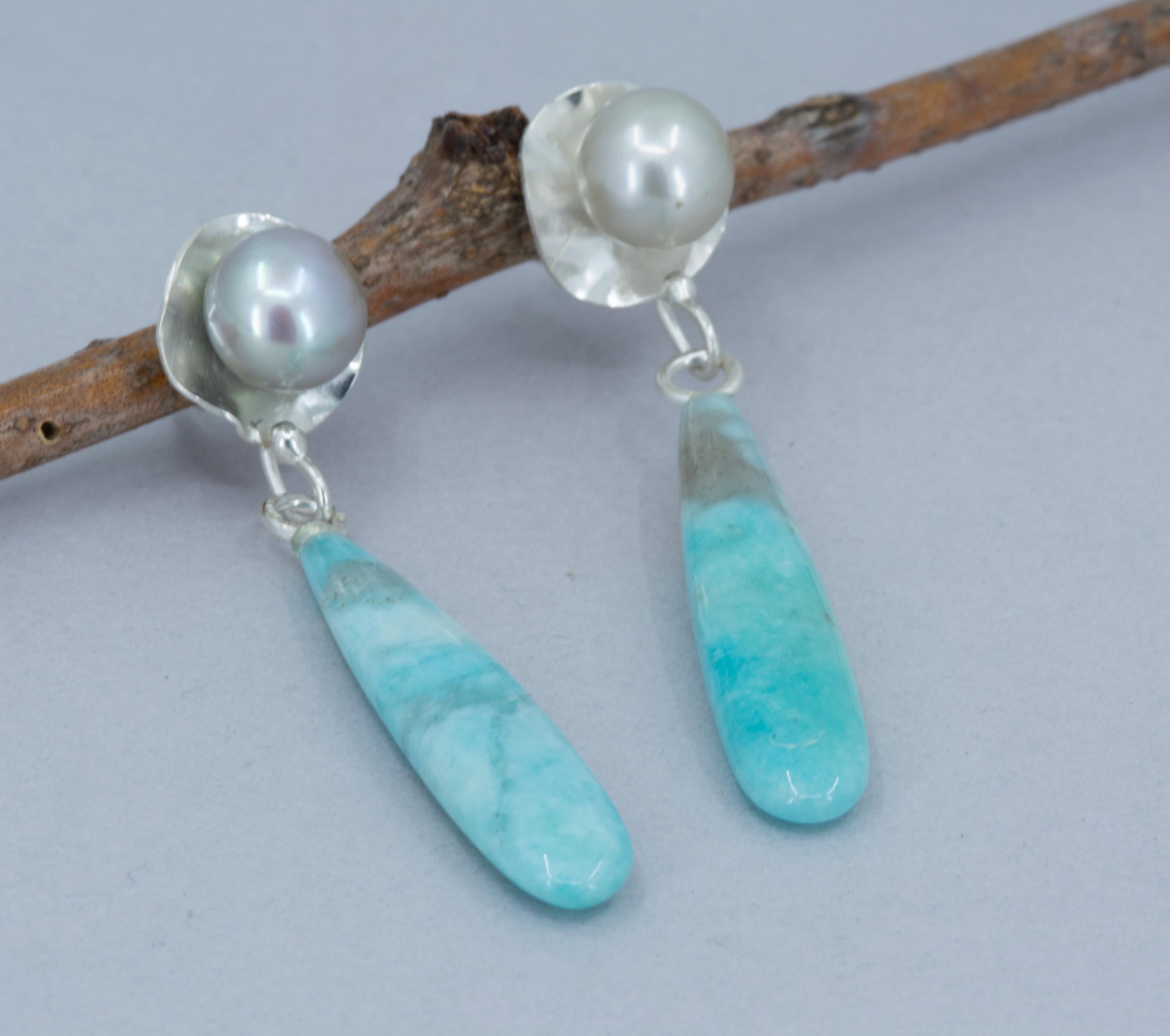 Ocean Blue Amazonite and Pearl Earrings on Post, Long Statement Dangle Earrings, OOAK