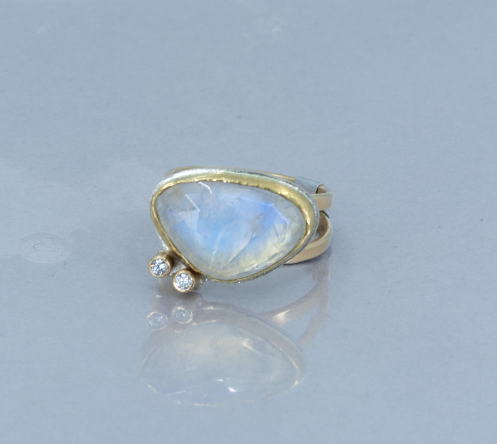 Rainbow Moonstone Diamond Cocktail Ring: 18K Gold, Argentium Silver, US Size 6.5