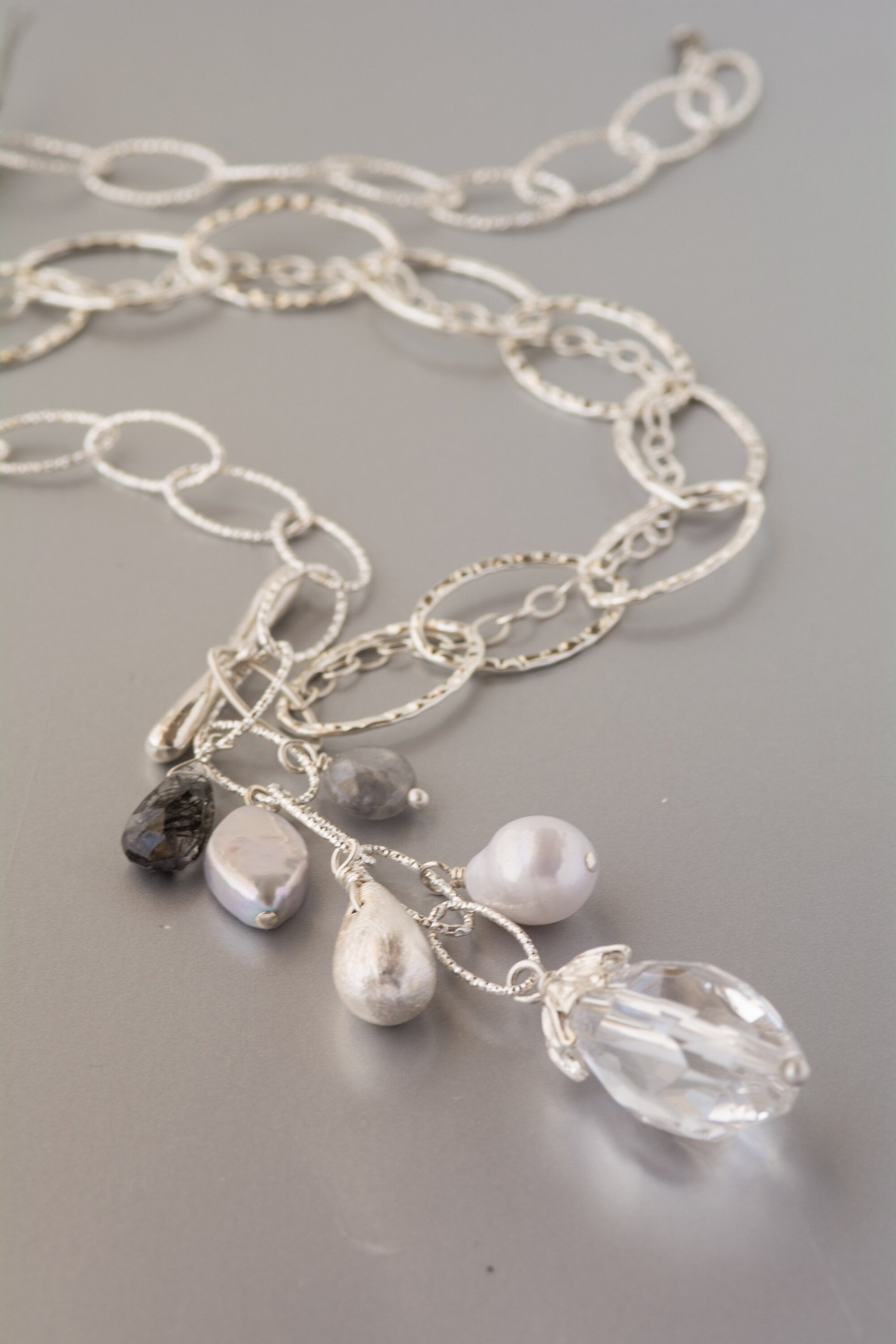 Clear Quartz Lariat Necklace: Sterling Silver Chain, Gemstone Dangles