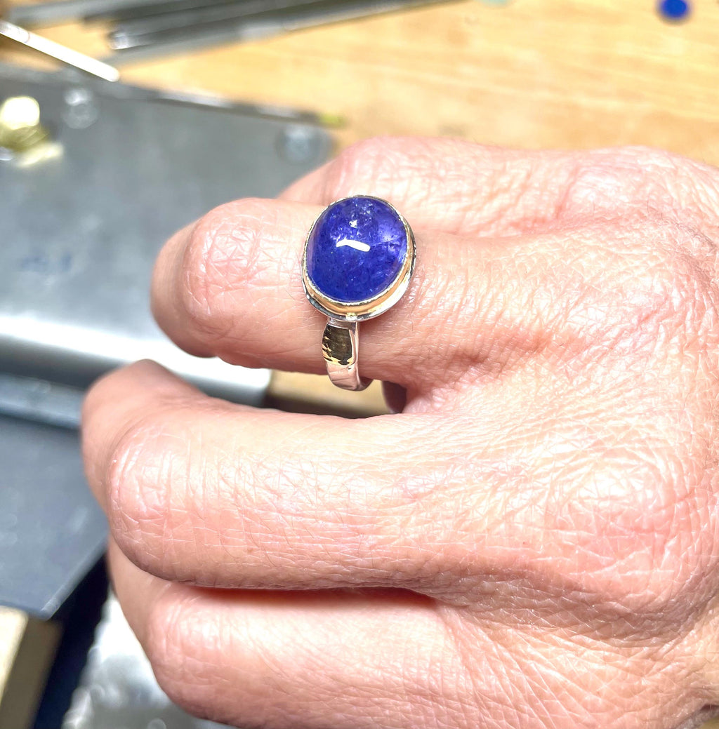 Tanzanite Ring in 18k Gold and Sterling, Statement Ring, US Size 7.5