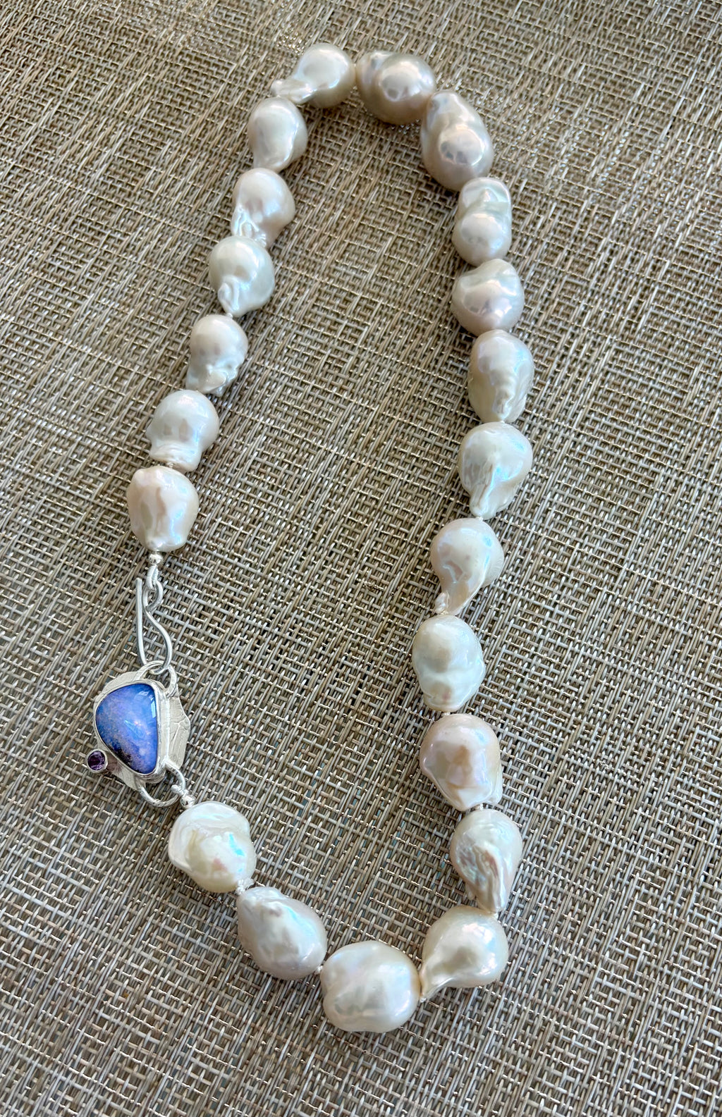 Large White Baroque Knotted Pearl Necklace with Boulder Opal Clasp, June birthstone