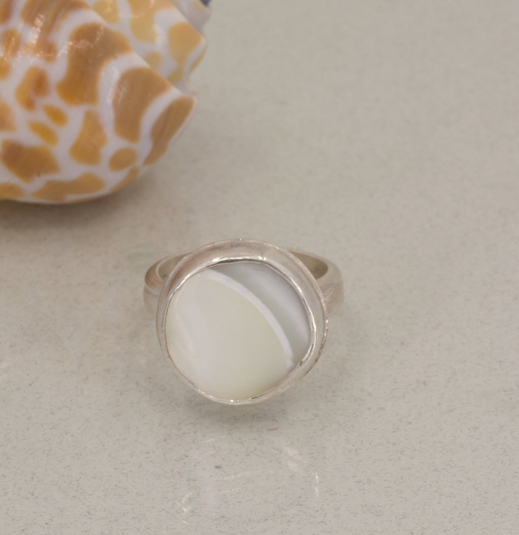 Large Mother of Pearl Sterling Silver Ring: Textured Band, Statement Jewelry