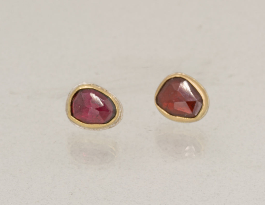 Rose Cut Garnet Stud Earrings: 18K Gold, January Birthstone