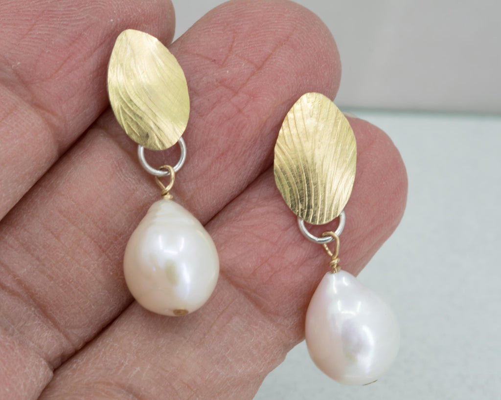 White Pearl Earrings: 18K Gold Leaf, Sterling Silver Posts