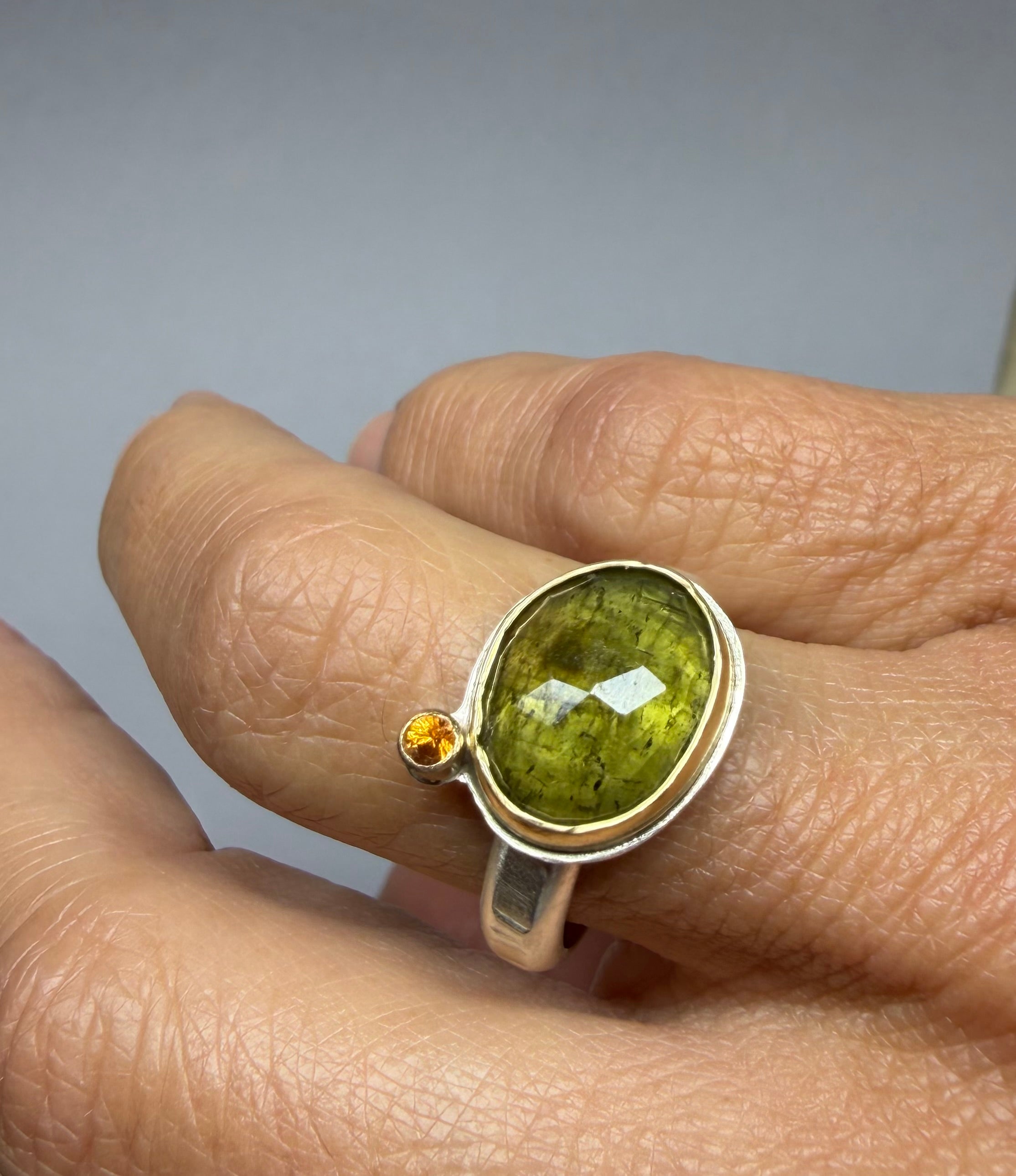Green Tourmaline Ring | Rose-Cut, 18K Gold Bezel & Argentium Sterling Silver | OOAK