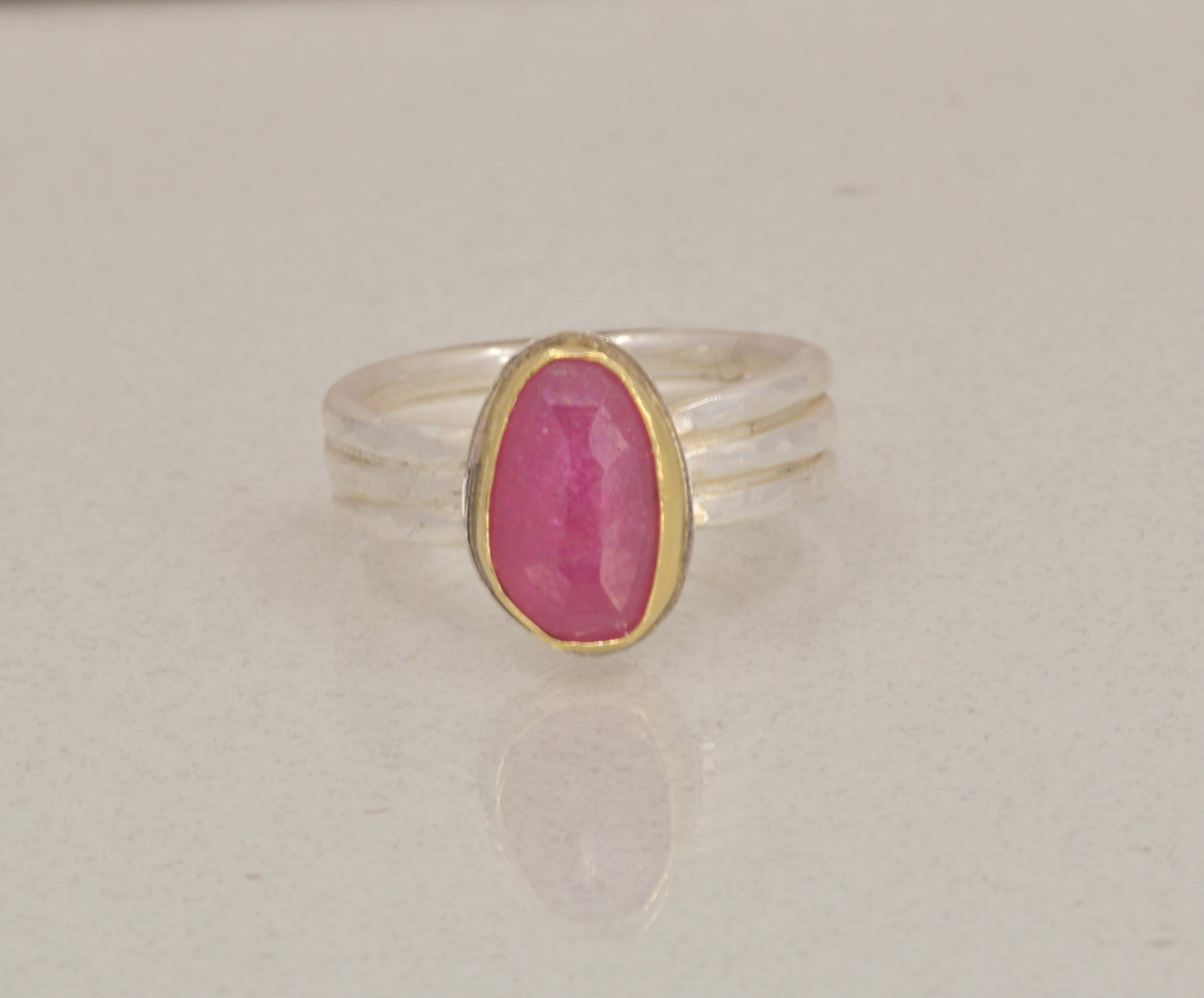 Pink Sapphire Ring: 18K Gold, Sterling Silver Band, September Birthstone, US Size 9