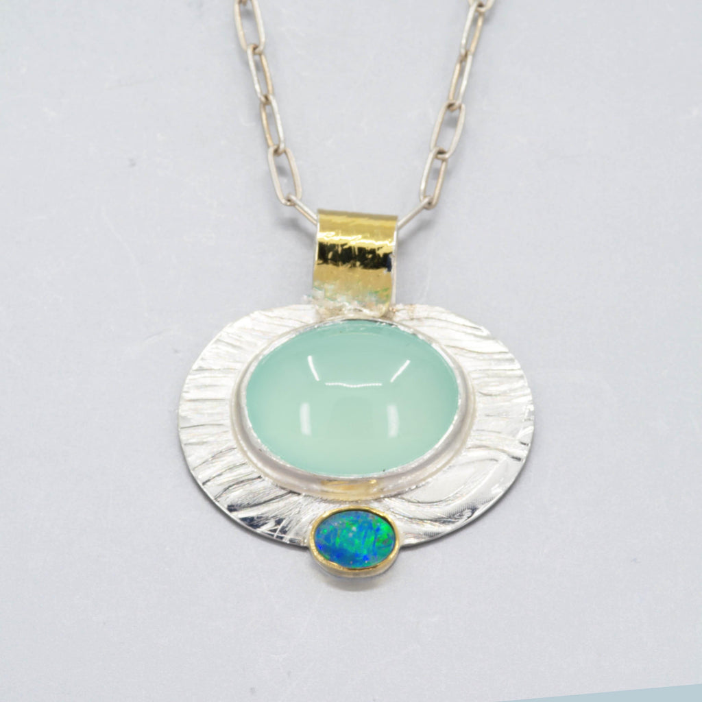 Aqua Chalcedony Opal Pendant: Sterling Silver, 18K Gold Statement Necklace