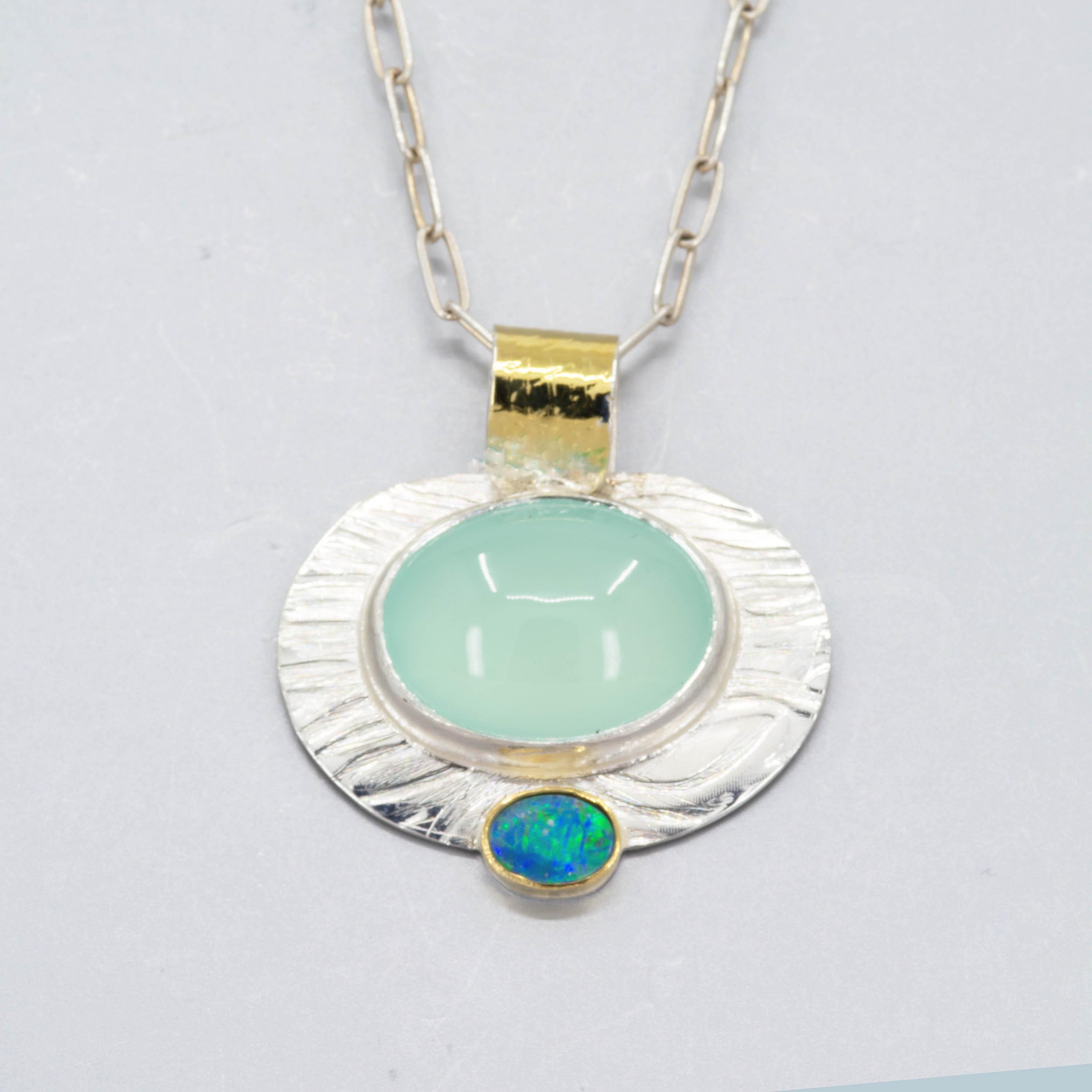 Aqua Chalcedony Opal Pendant: Sterling Silver, 18K Gold Statement Necklace