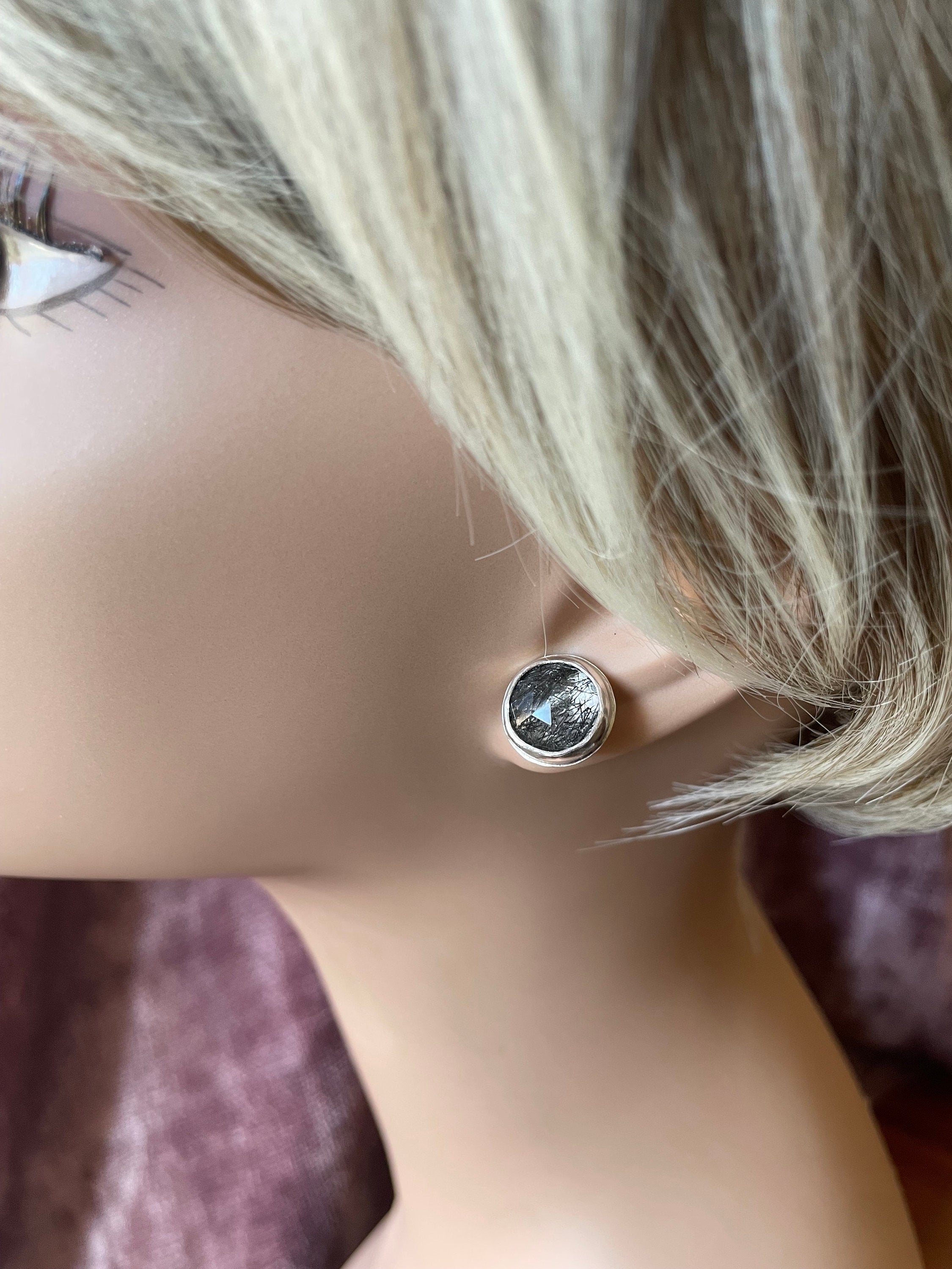 Black Tourmaline Quartz Studs: Sterling Silver Gemstone Earrings