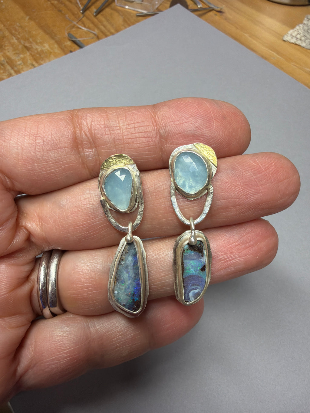 Boulder Opal Dangle Earrings: Aquamarine and Opal Metalwork Earrings in Silver & 18K Gold