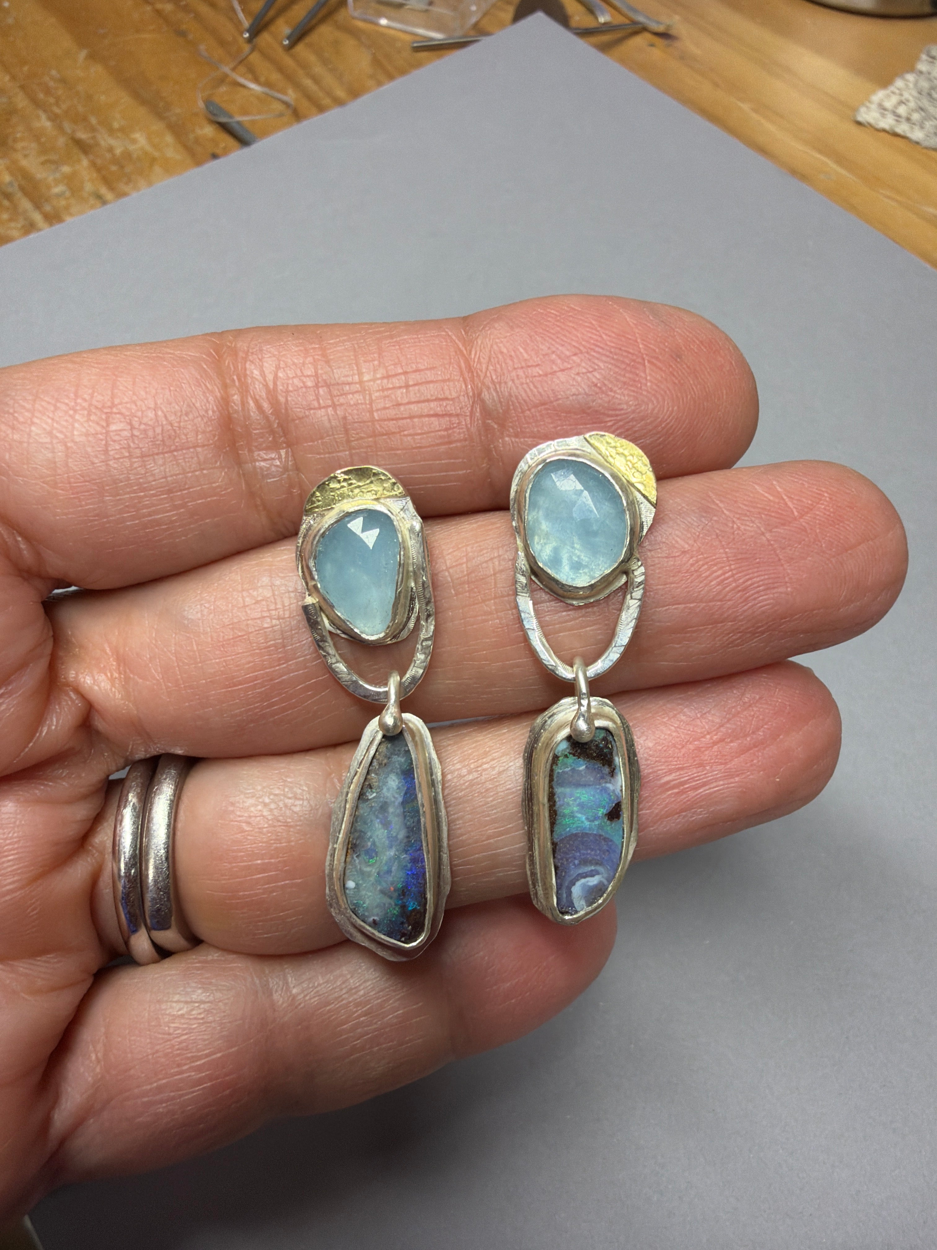 Boulder Opal Dangle Earrings: Aquamarine and Opal Metalwork Earrings in Silver & 18K Gold