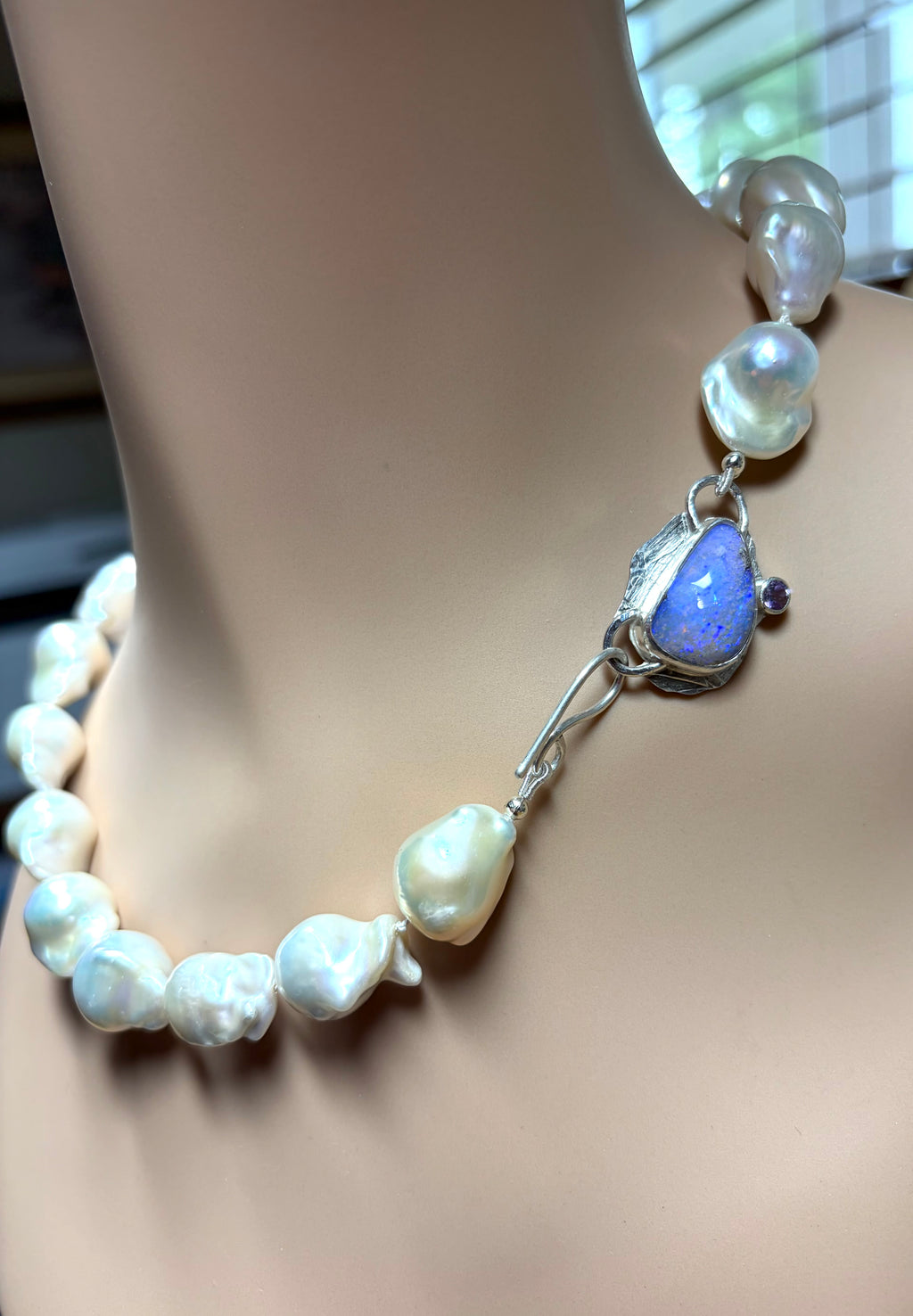 Large White Baroque Knotted Pearl Necklace with Boulder Opal Clasp, June birthstone