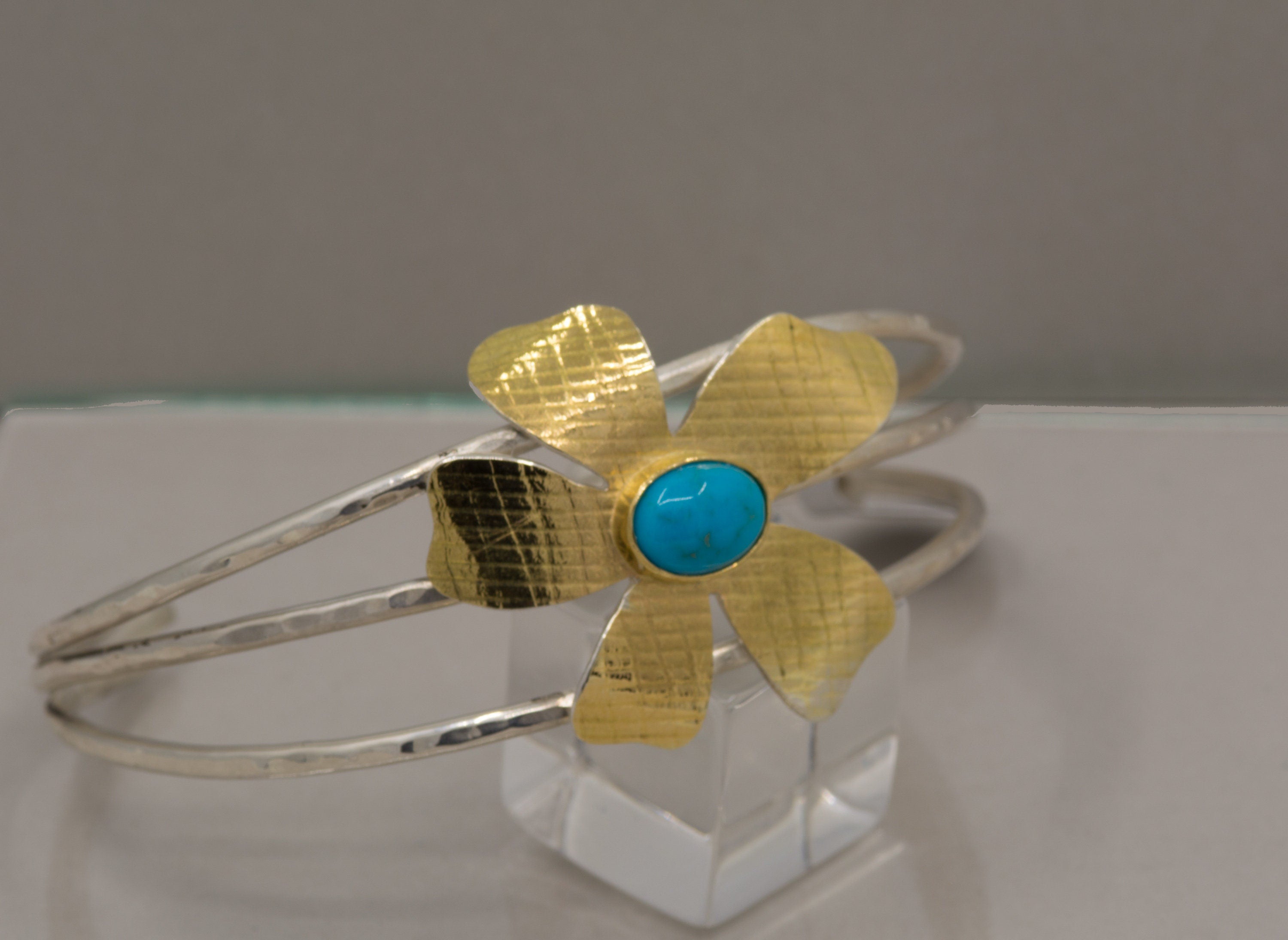 Floral Turquoise Cuff: 18K Gold Sterling Silver Bracelet