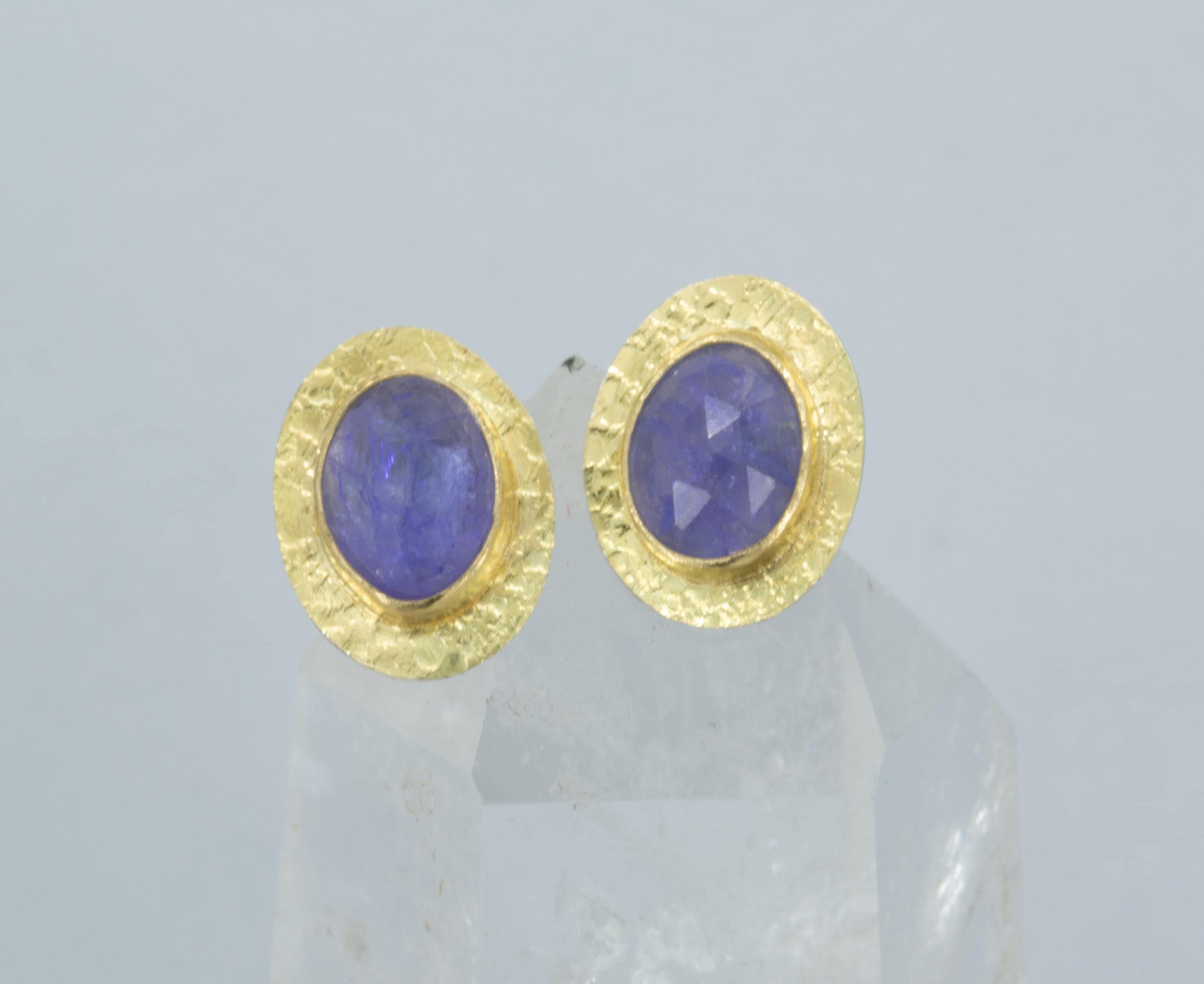 18K Gold Tanzanite Stud Earrings: Rose Cut, Sterling Silver Back