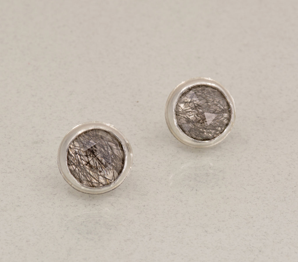Black Tourmaline Quartz Studs: Sterling Silver Gemstone Earrings