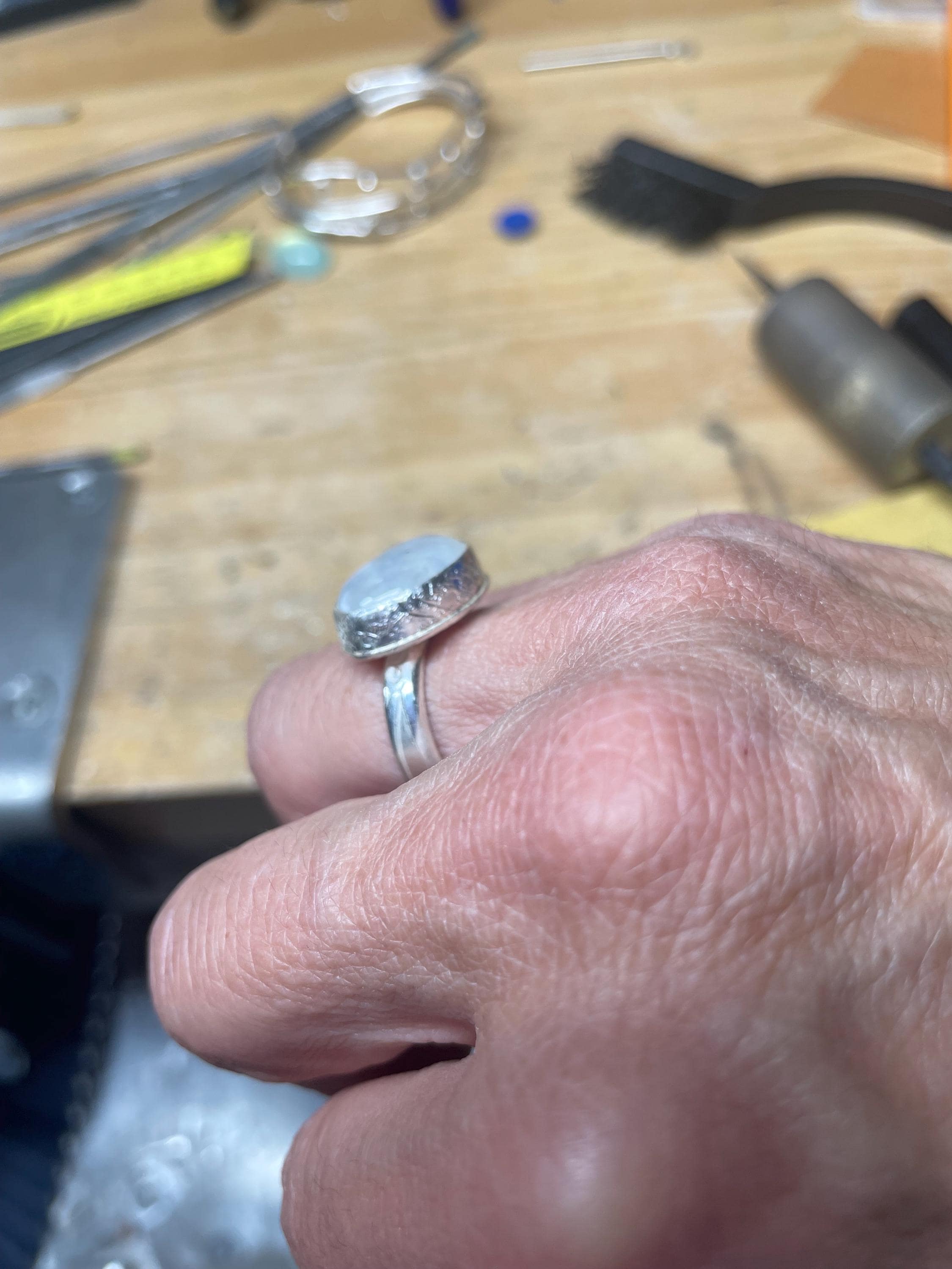 Rainbow Moonstone Cabochon Ring in Sterling Silver, US Size 8