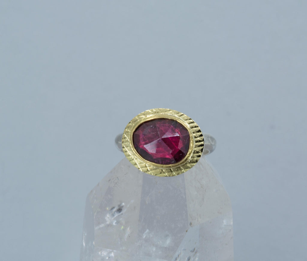 Rhodolite Garnet Ring: Rose Cut Gemstone, 18K Gold & Sterling Silver, US Size 6.5