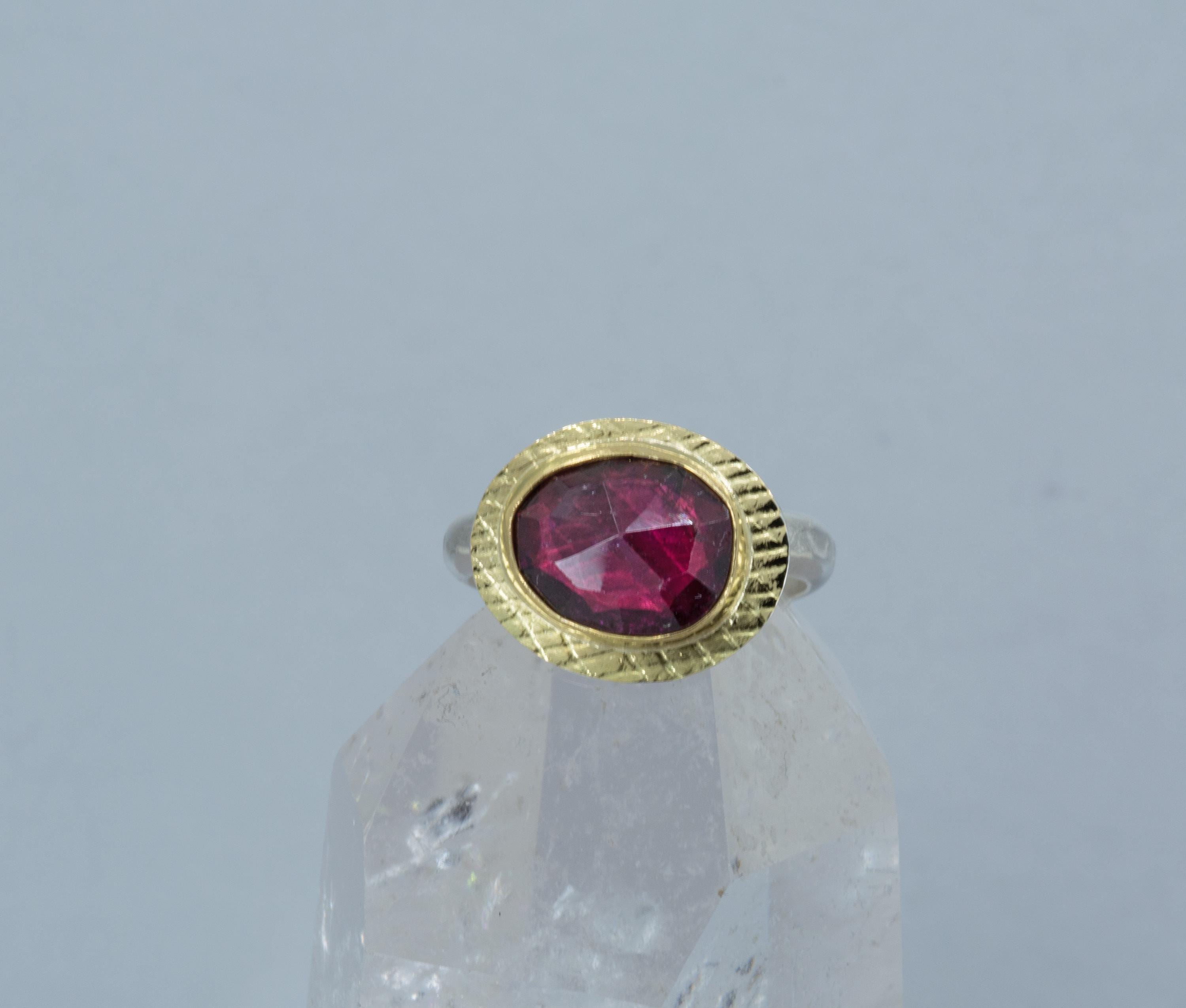 Rhodolite Garnet Ring: Rose Cut Gemstone, 18K Gold & Sterling Silver, US Size 6.5