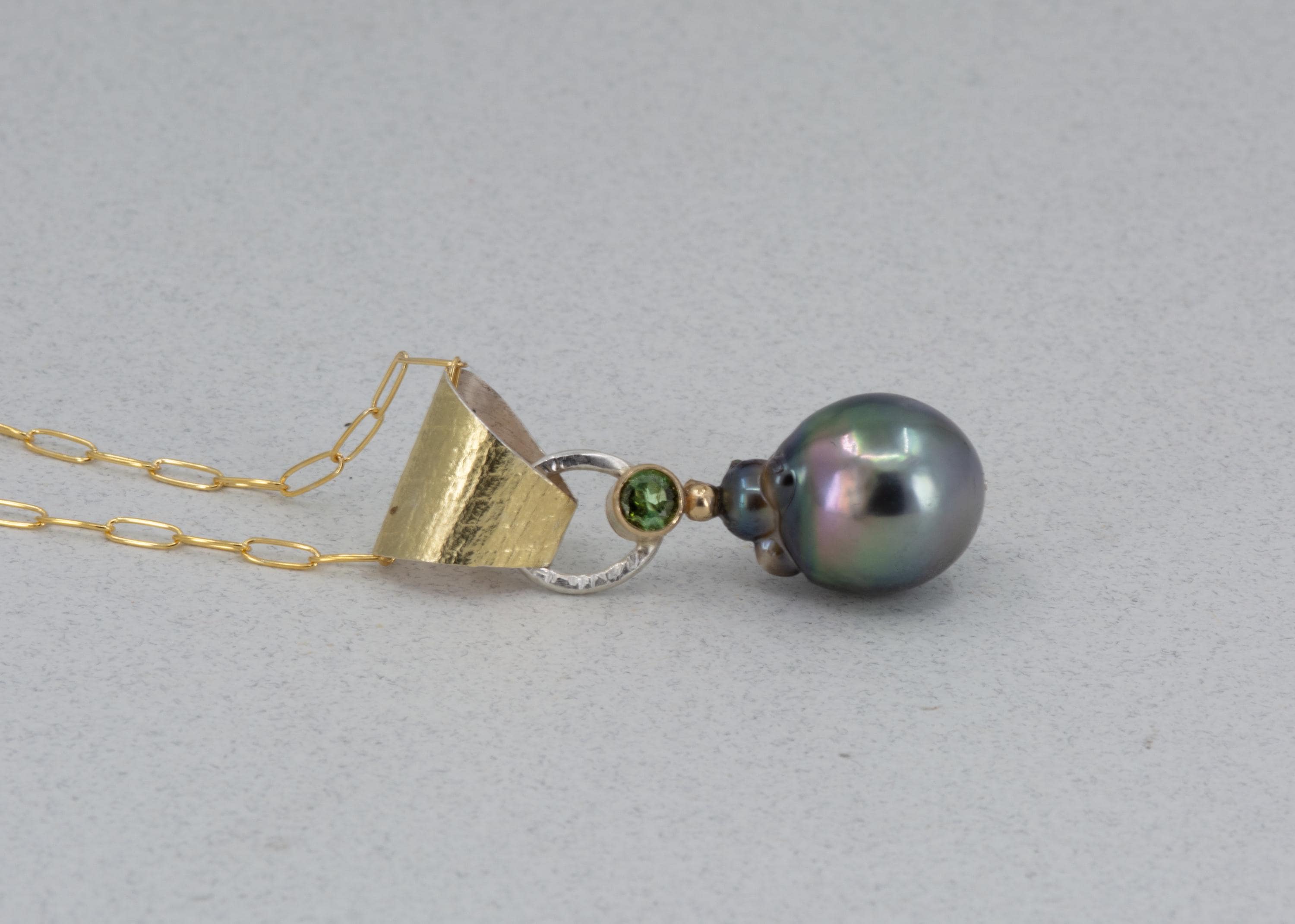 Large Tahitian Pearl Pendant: 14k Gold, Green Tourmaline, Baroque Pearl