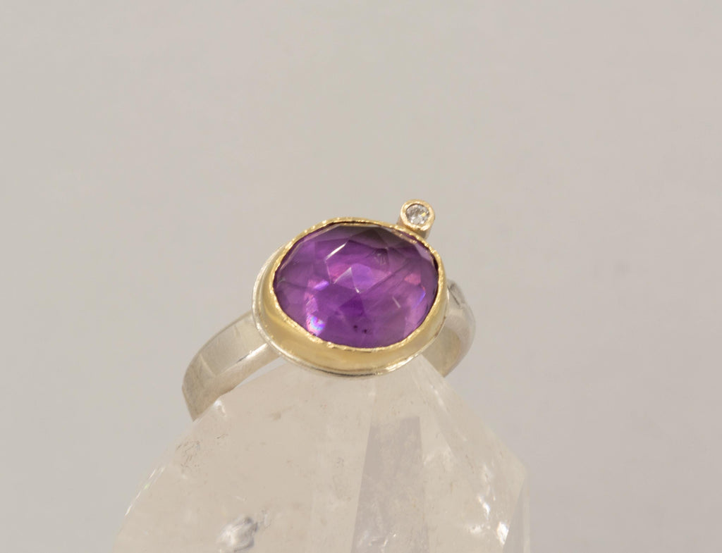 Rose Cut Amethyst Diamond Ring: Tall 18k Gold & Sterling Silver, Size 8.5
