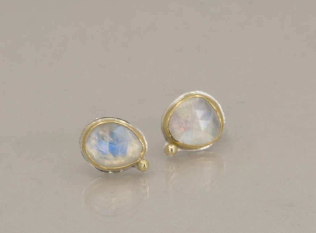 Rose Cut Rainbow Moonstone Stud Earrings: 18k Gold & Argentium Silver