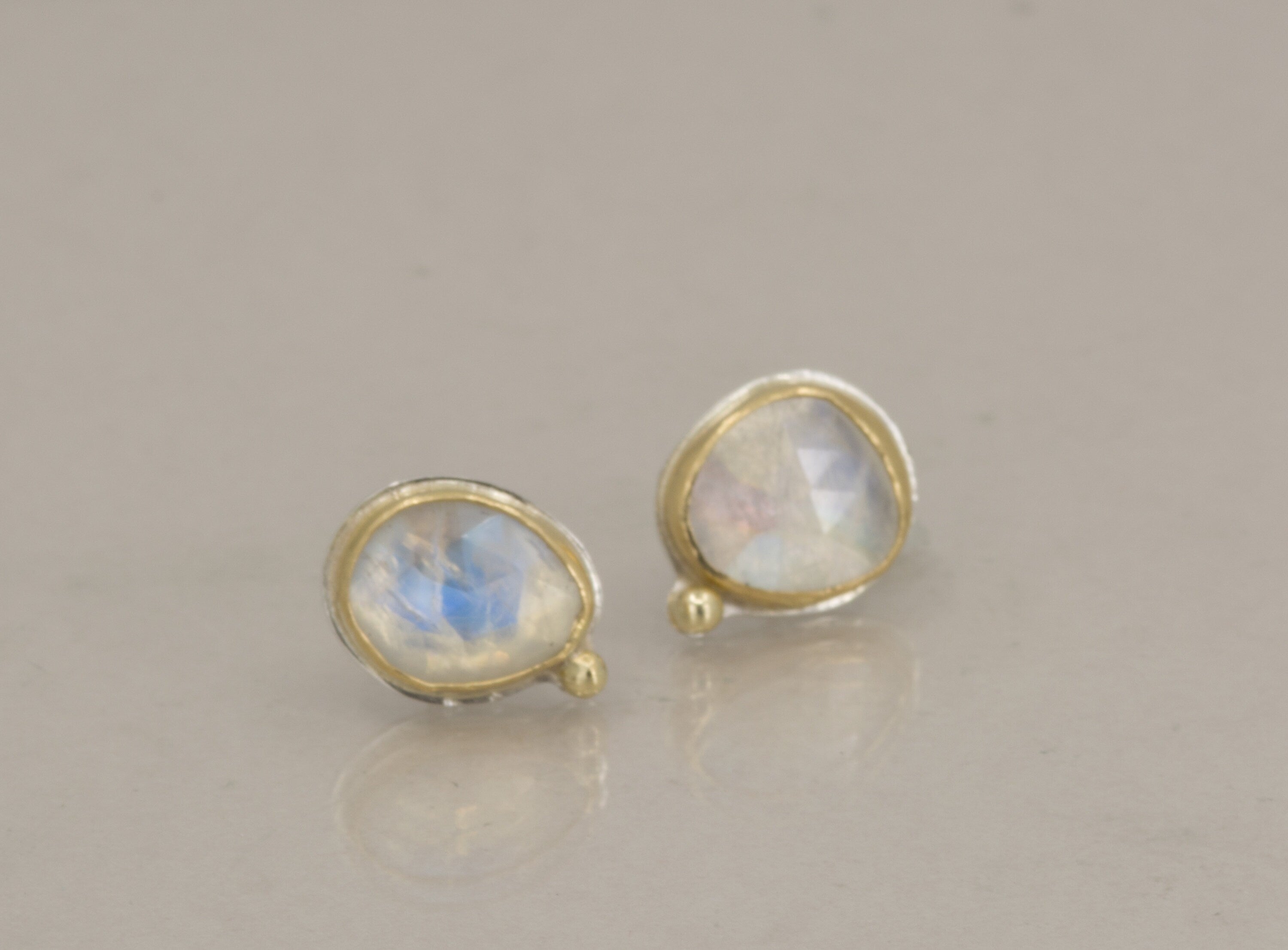 Rose Cut Rainbow Moonstone Stud Earrings: 18k Gold & Argentium Silver