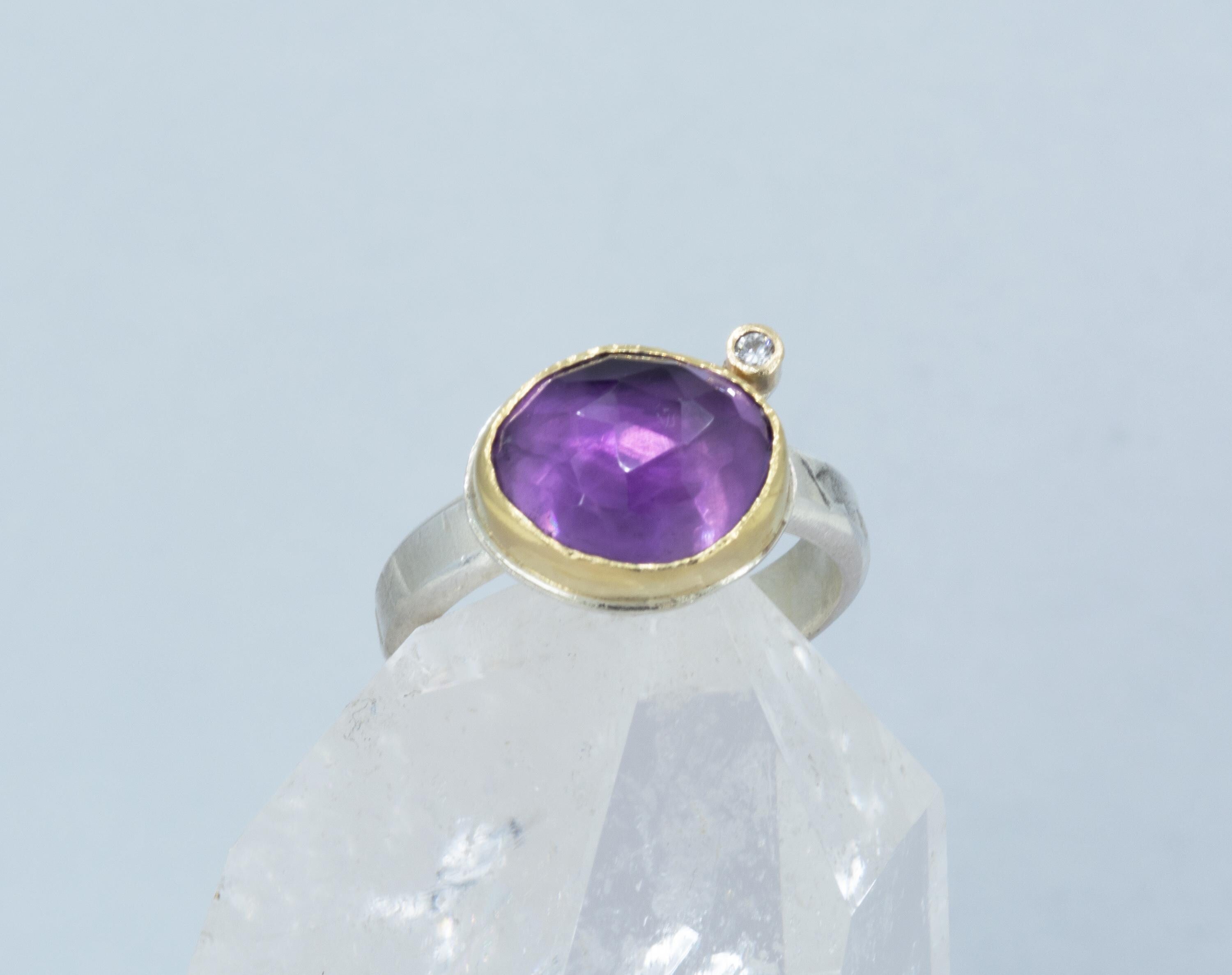 Rose Cut Amethyst Diamond Ring: Tall 18k Gold & Sterling Silver, Size 8.5