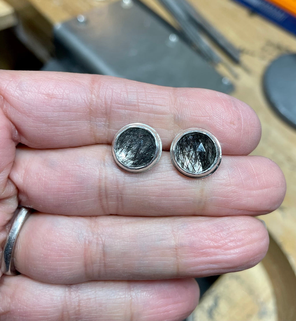Black Tourmaline Quartz Studs: Sterling Silver Gemstone Earrings