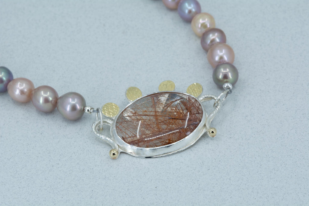 Rutilated Quartz Necklace in Silver with Pearls- Rust Color Quartz Rutile, One of A Kind