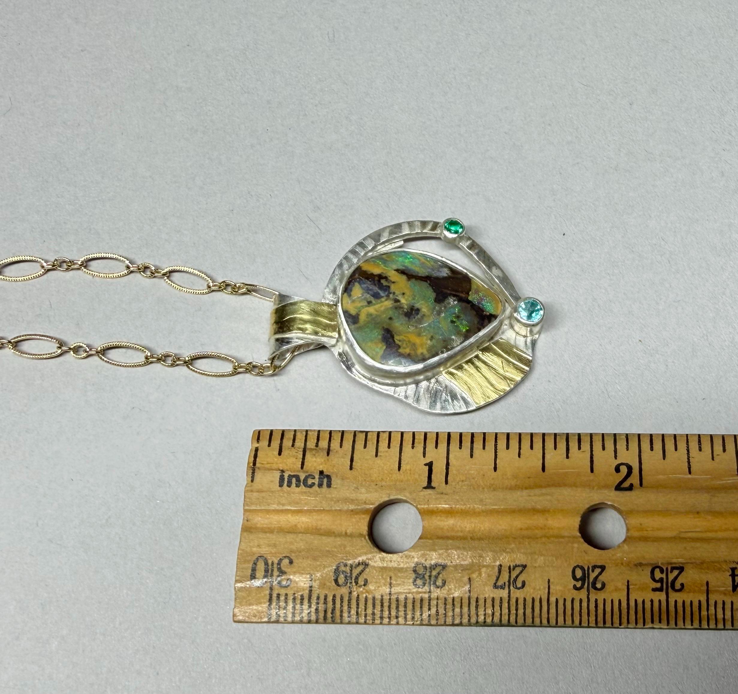 Boulder Opal Necklace in Sterling Silver and Gold, Green Flash Opal Pendant, OOAK