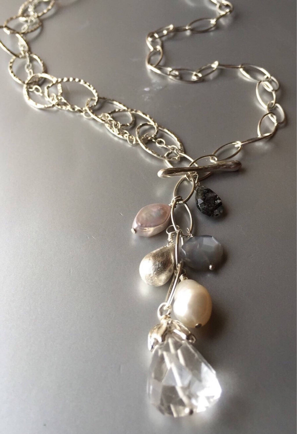 Clear Quartz Lariat Necklace: Sterling Silver Chain, Gemstone Dangles