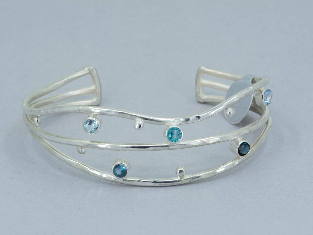 Blue Gemstone Sterling Silver Cuff Bracelet: Sapphire, Topaz, Aquamarine