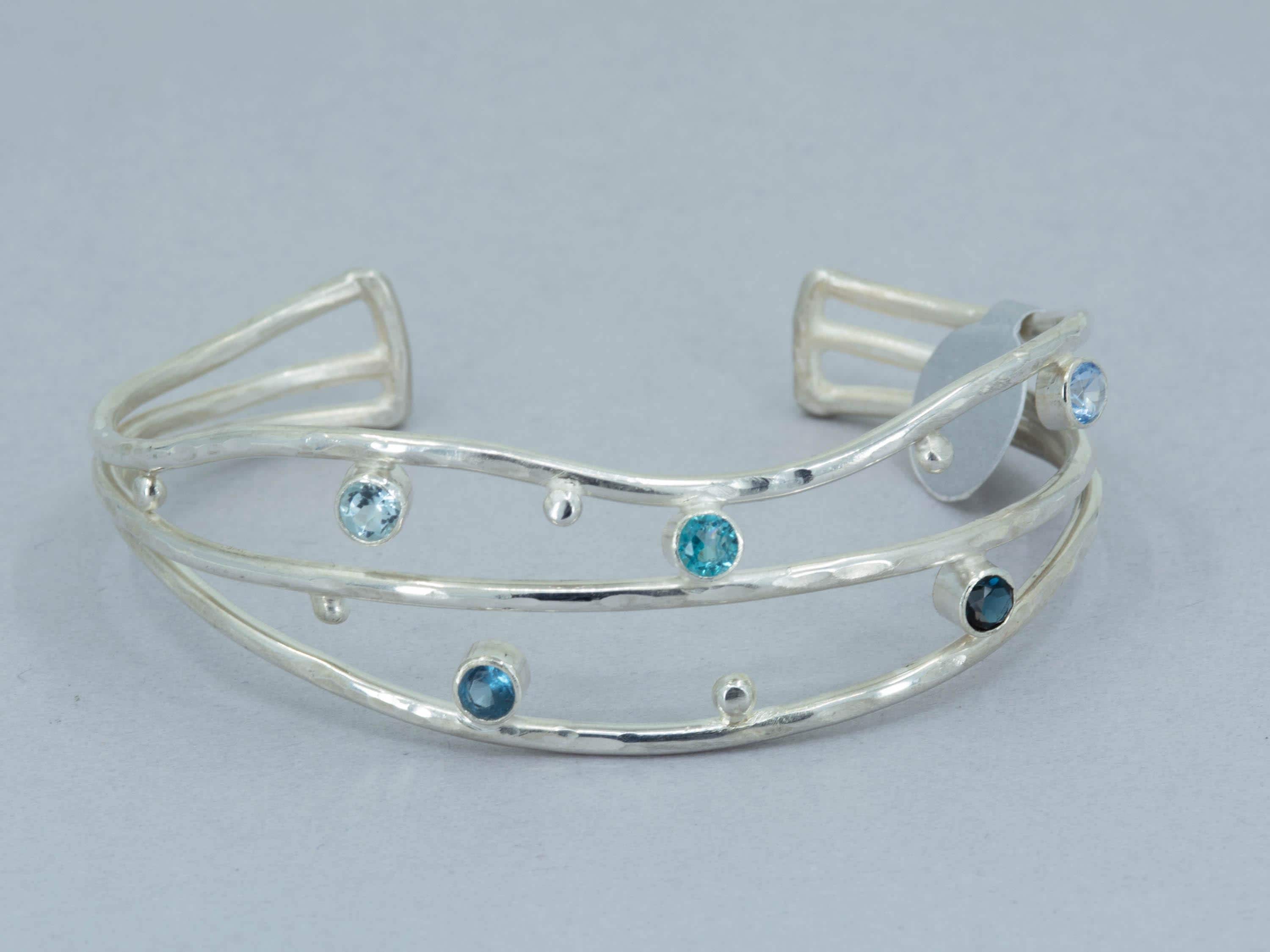 Blue Gemstone Sterling Silver Cuff Bracelet: Sapphire, Topaz, Aquamarine