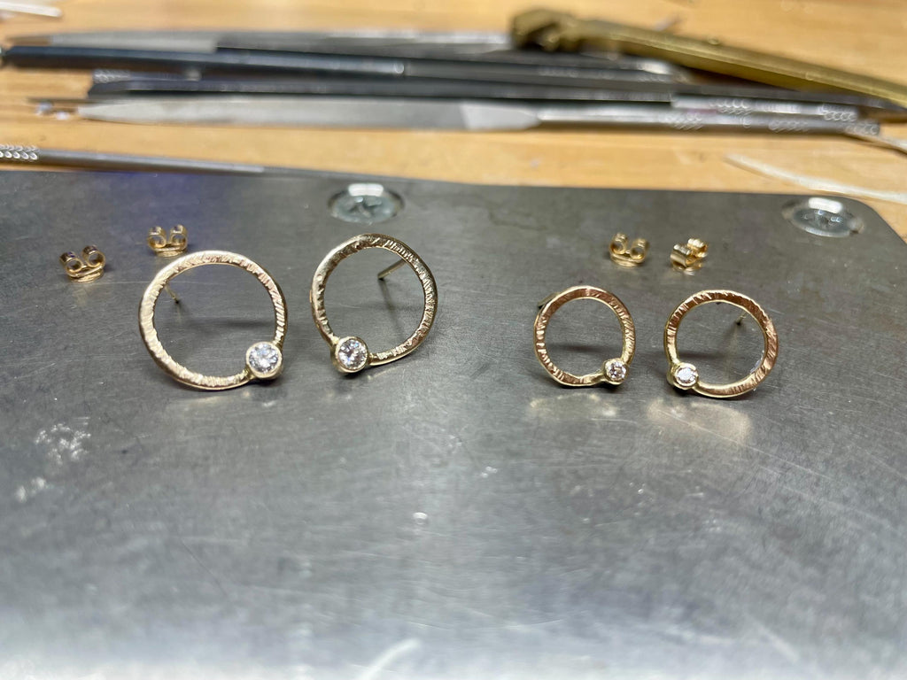 Gold and Diamond Hoop Stud Earrings, April Birthstone, One of a Kind Contemporary Earrings