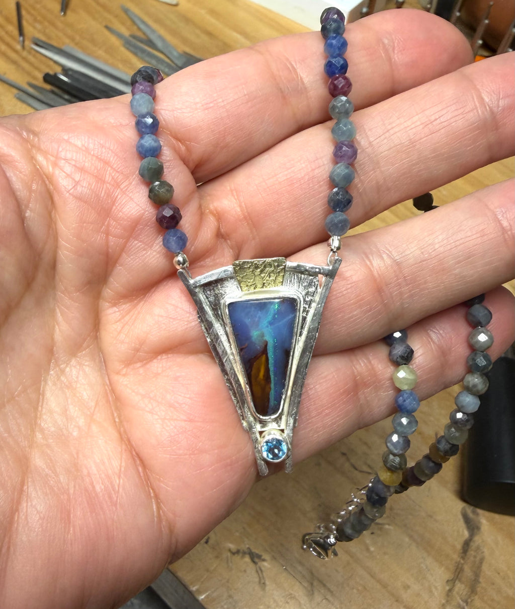 Boulder Opal Necklace with Sapphire: Sterling Silver, Gold, Blue Topaz - OOAK Australian Opal (Copy)