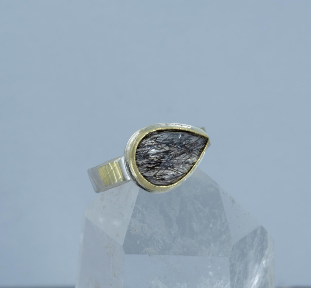 Tourmalated Quartz Cocktail Ring: 18k Gold & Argentium Silver, US Size 10