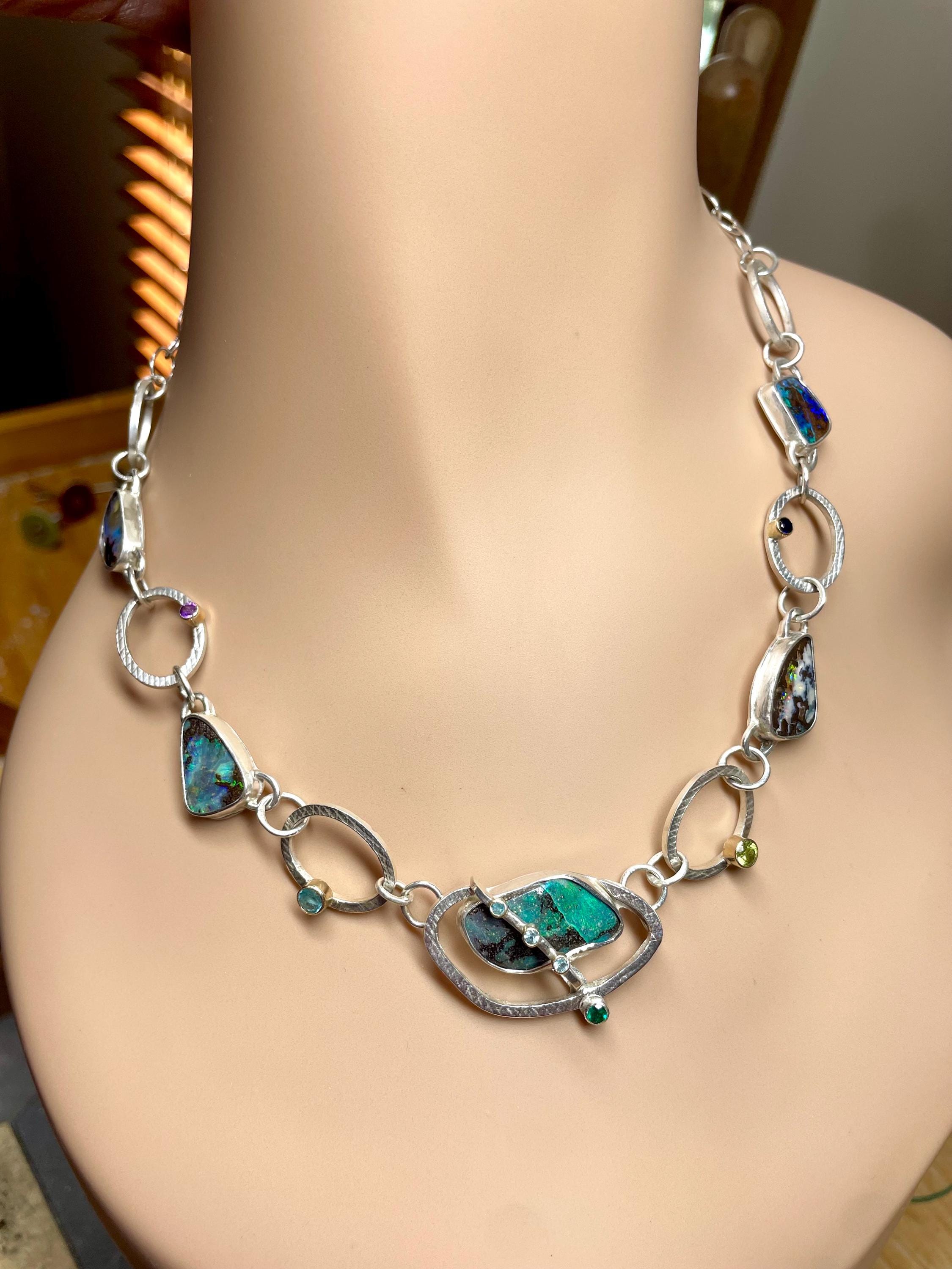 Boulder Opal Chain Link Necklace in Sterling Silver and Gold, OOAK