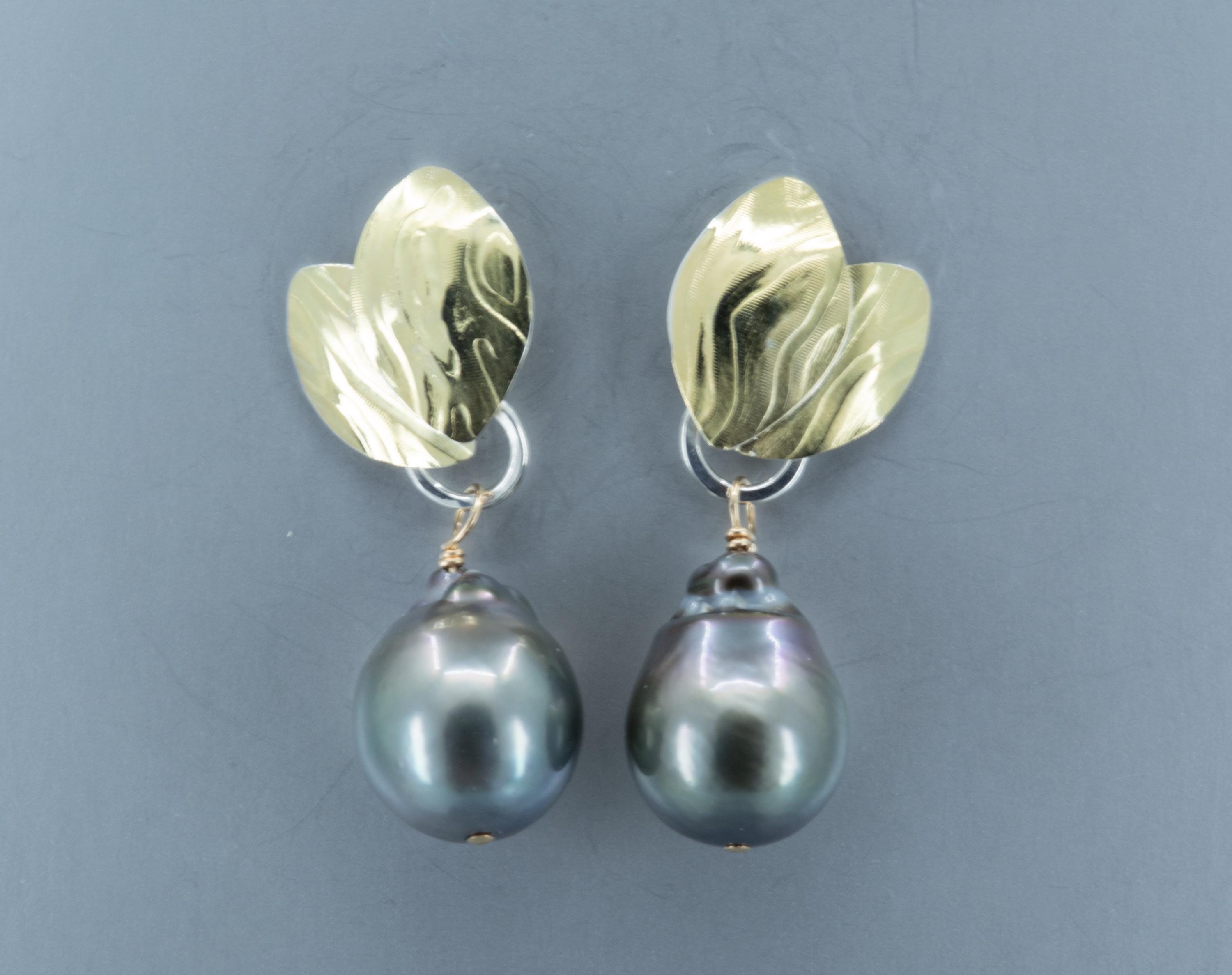 Tahitian Black Pearl Earrings: 18k Gold Botanical Earrings, OOAK