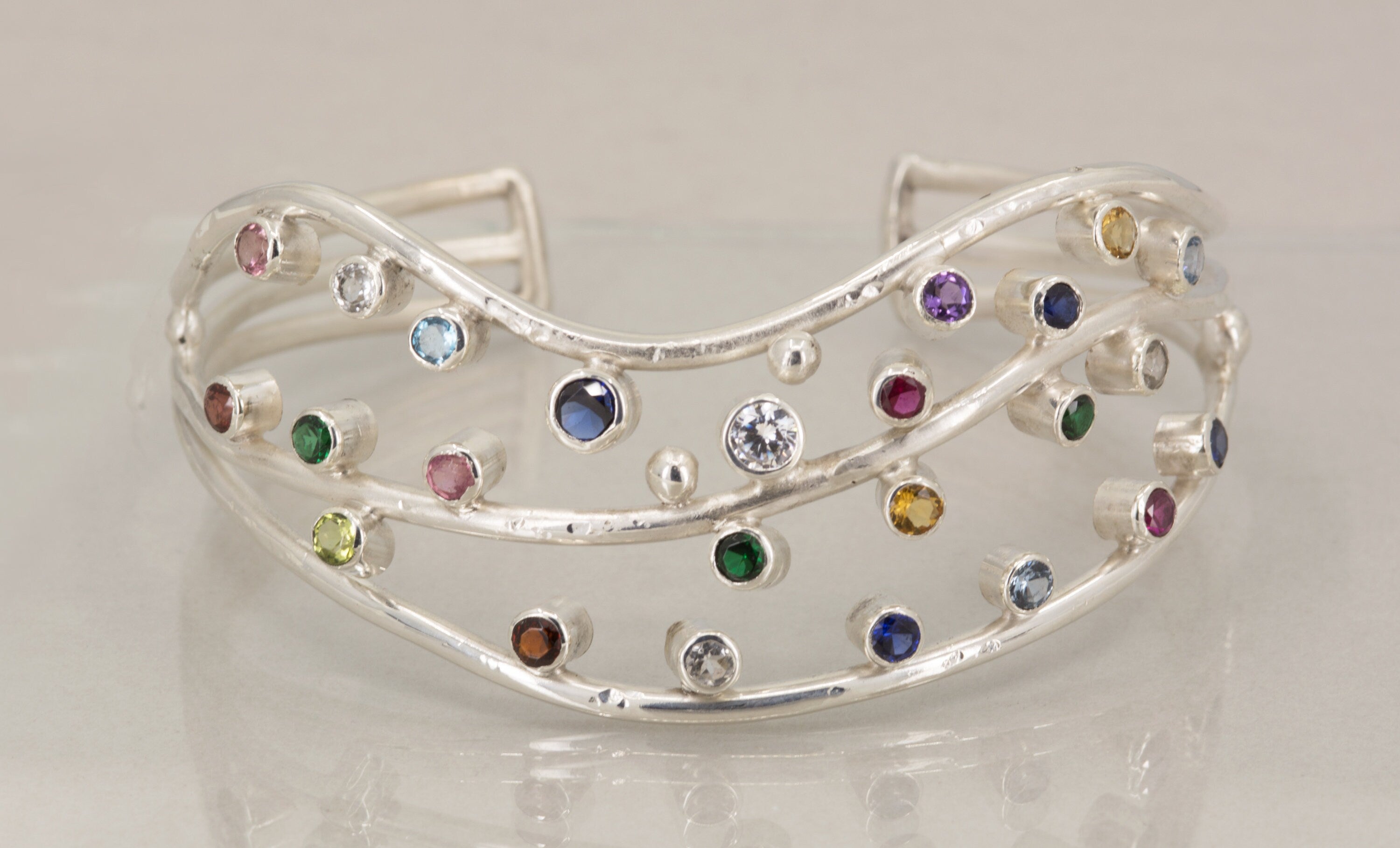 Birthstone Cuff Bracelet in Sterling Silver with Multi Stones, Personalized Cuff, Made to Order