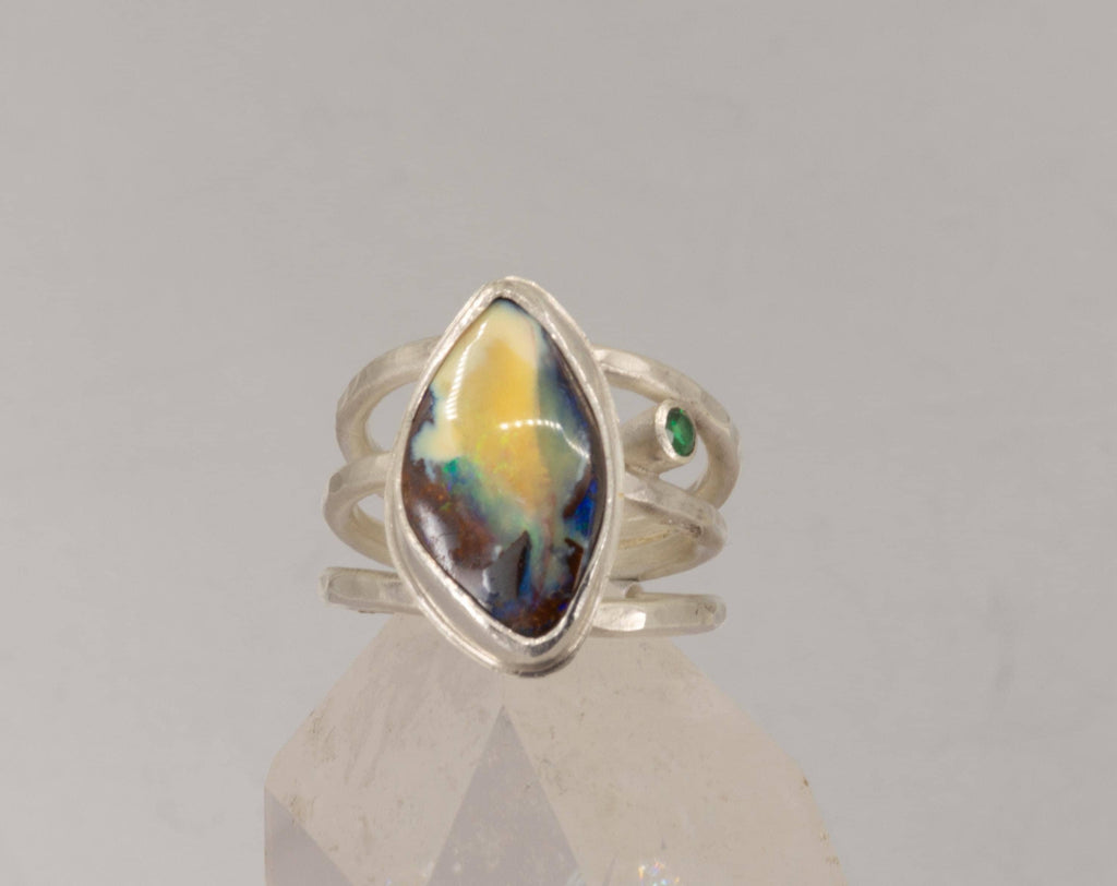 Boulder Opal Ring: Argentium Silver, Emerald Accent, US Size 7.5