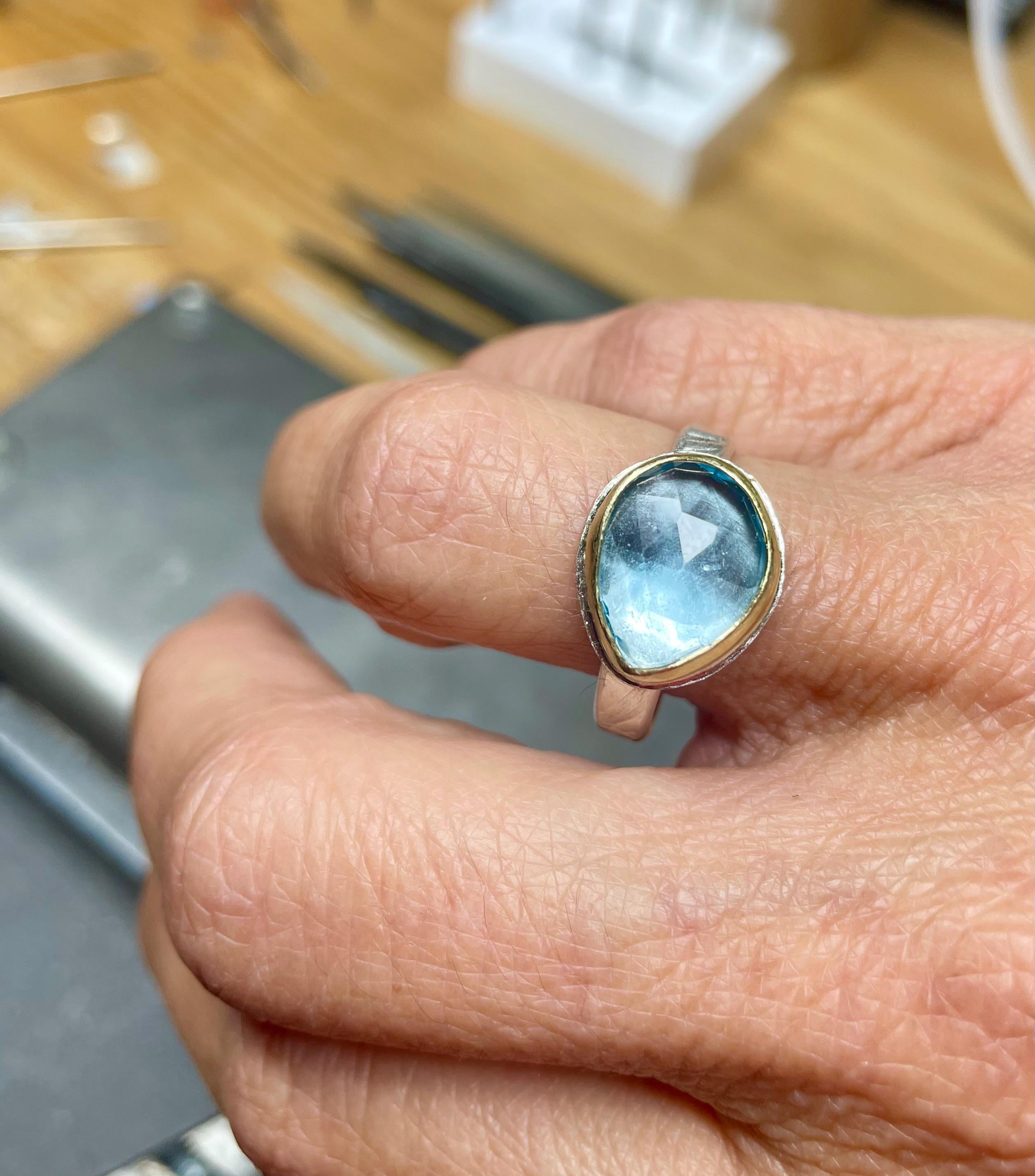 Rose Cut Swiss Blue Topaz Ring: 18K Gold & Sterling Silver