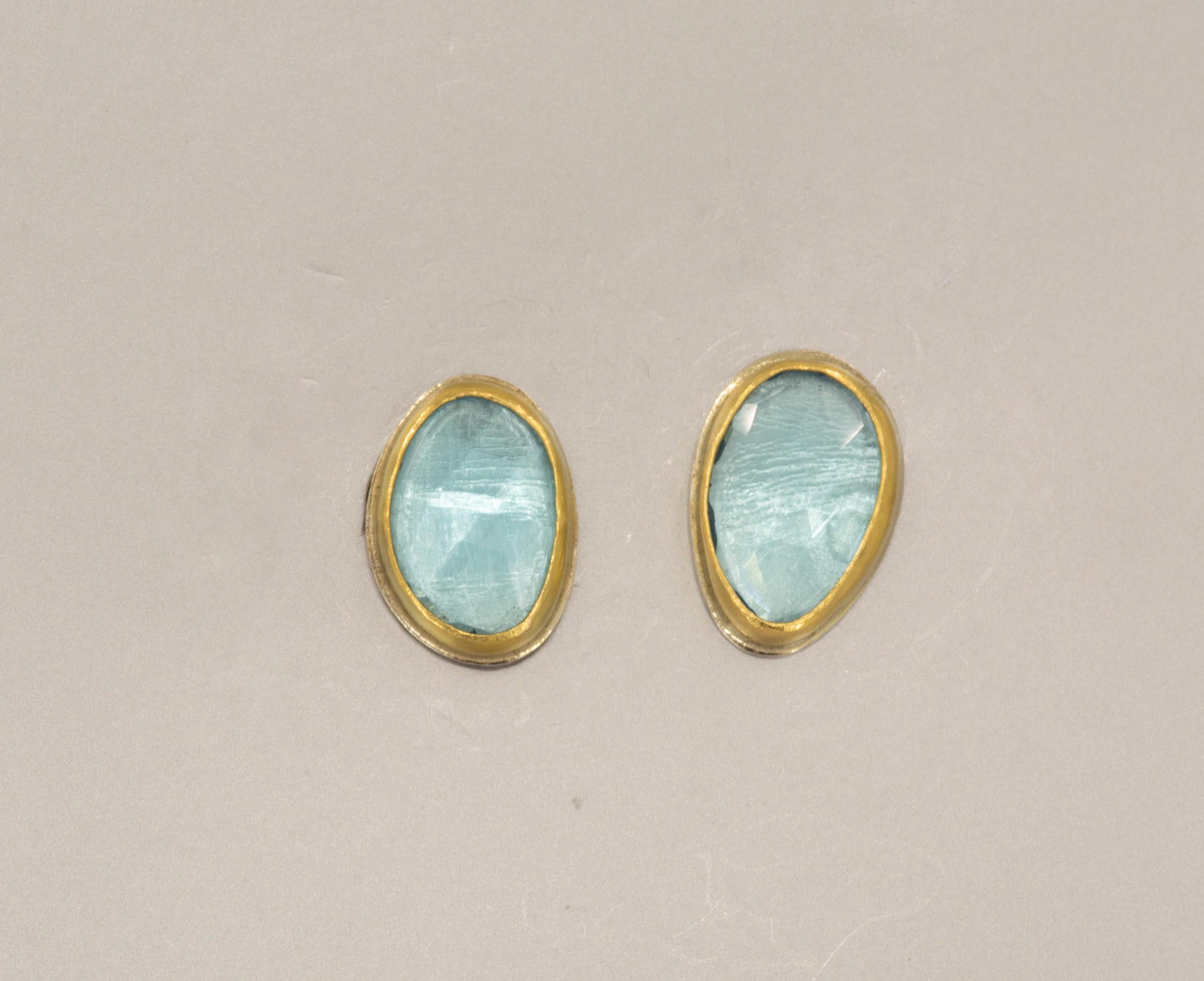Blue Topaz Stud Earrings: 18k Gold Bezel, Argentium Silver
