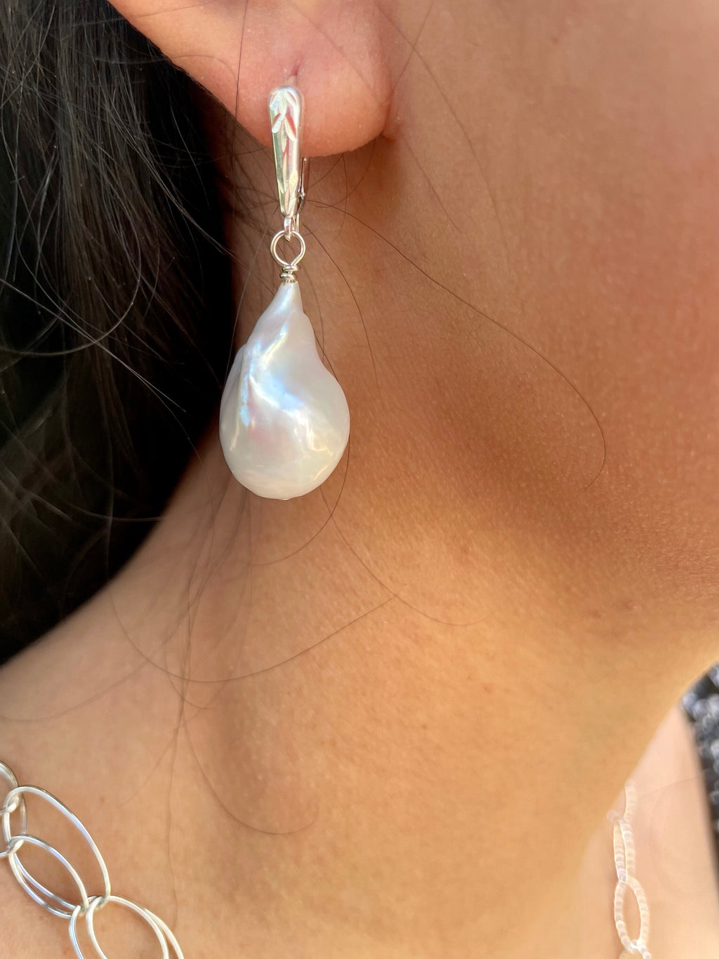 Extra Large Freshwater Pearls in Sterling, White Baroque Pearl Dangle Earrings, June Birthstone