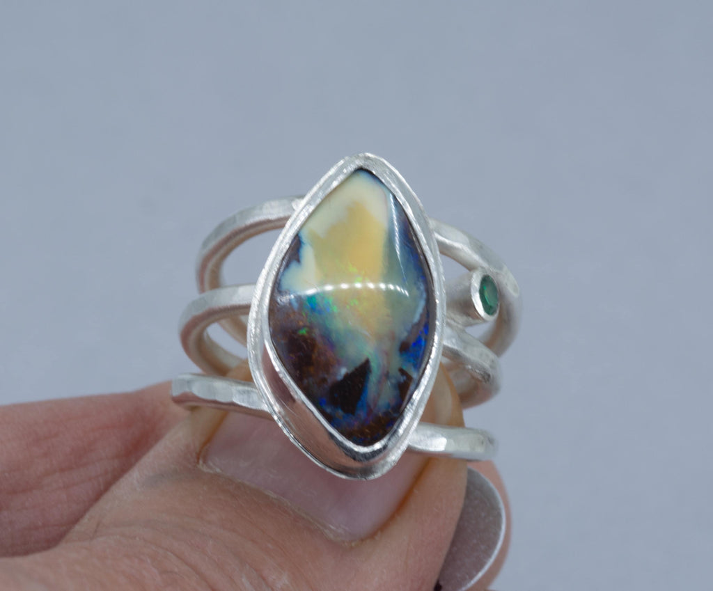 Boulder Opal Ring: Argentium Silver, Emerald Accent, US Size 7.5