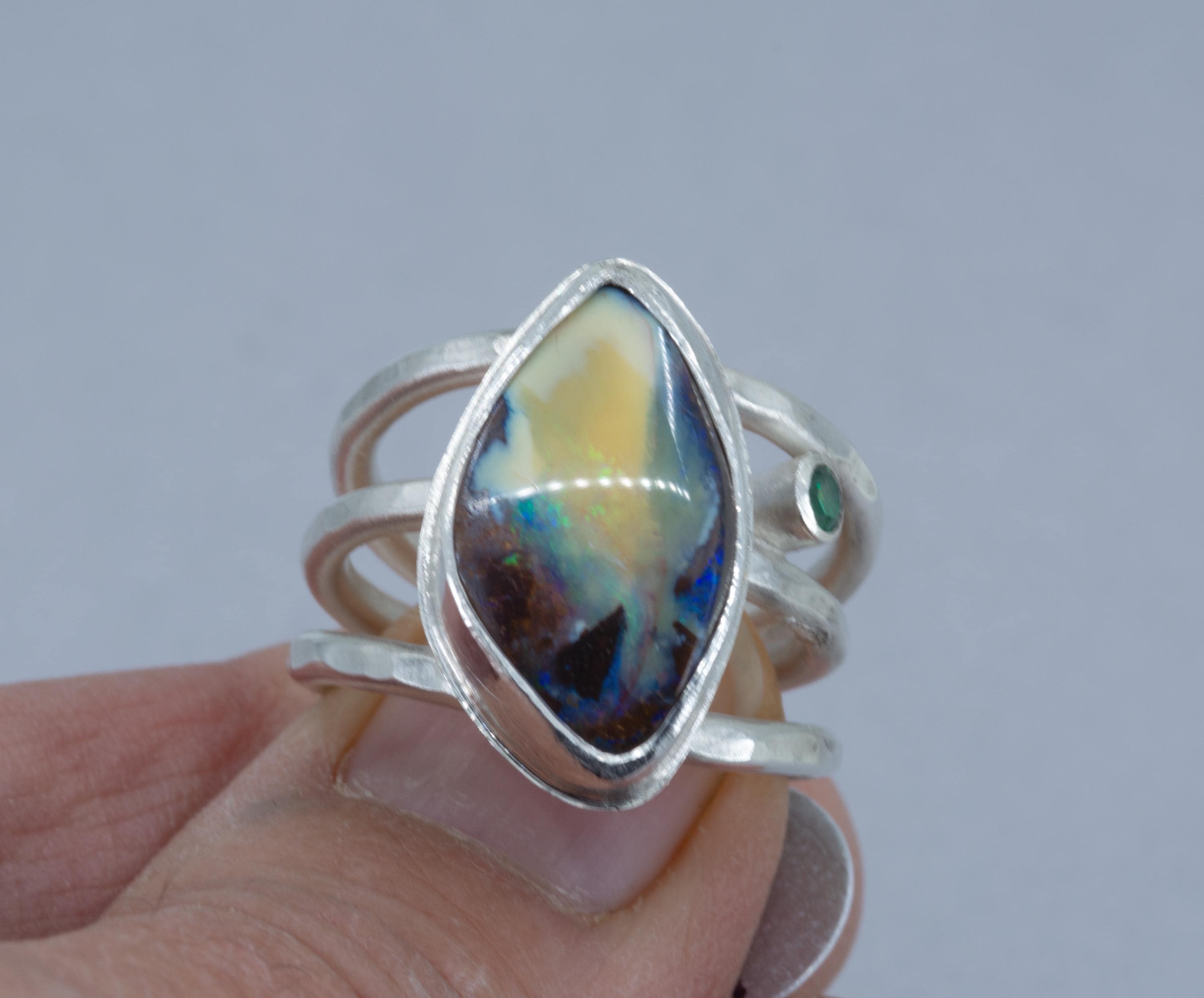 Boulder Opal Ring: Argentium Silver, Emerald Accent, US Size 7.5