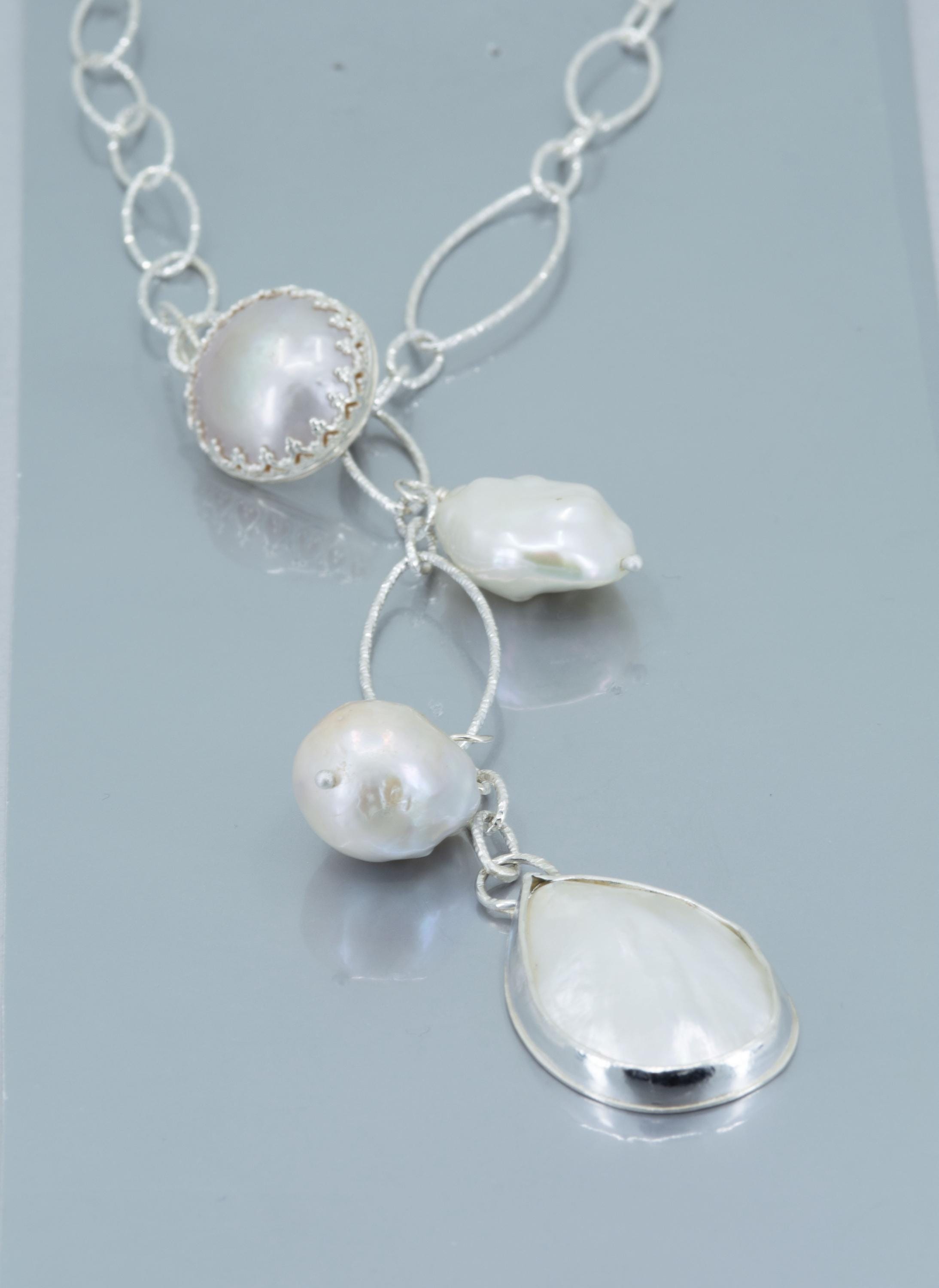 Baroque Pearl Lariat Necklace: Sterling Silver Chain, Adjustable OOAK