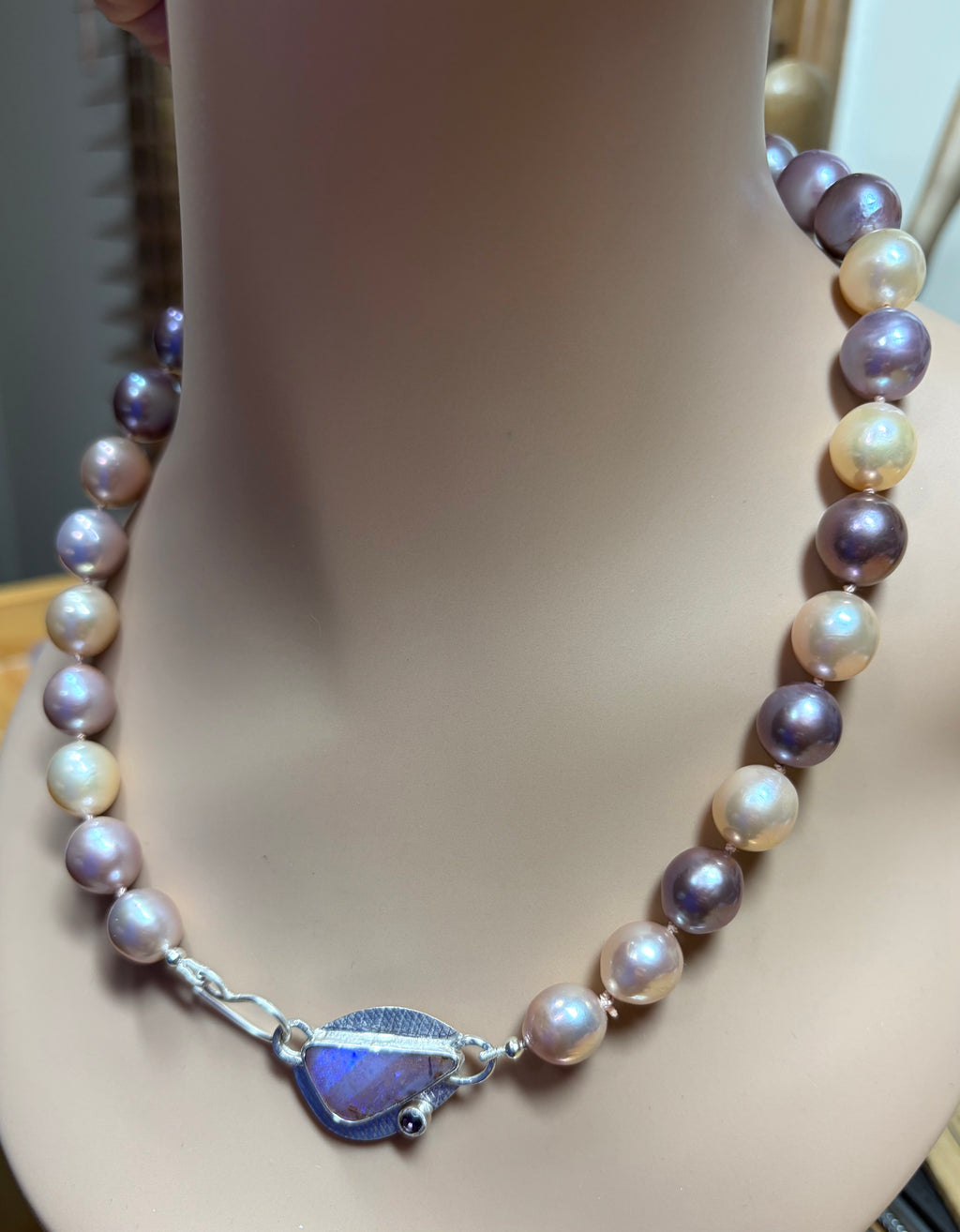 Edison Pearl Necklace: Boulder Opal Clasp, Multi Color Freshwater Pearls