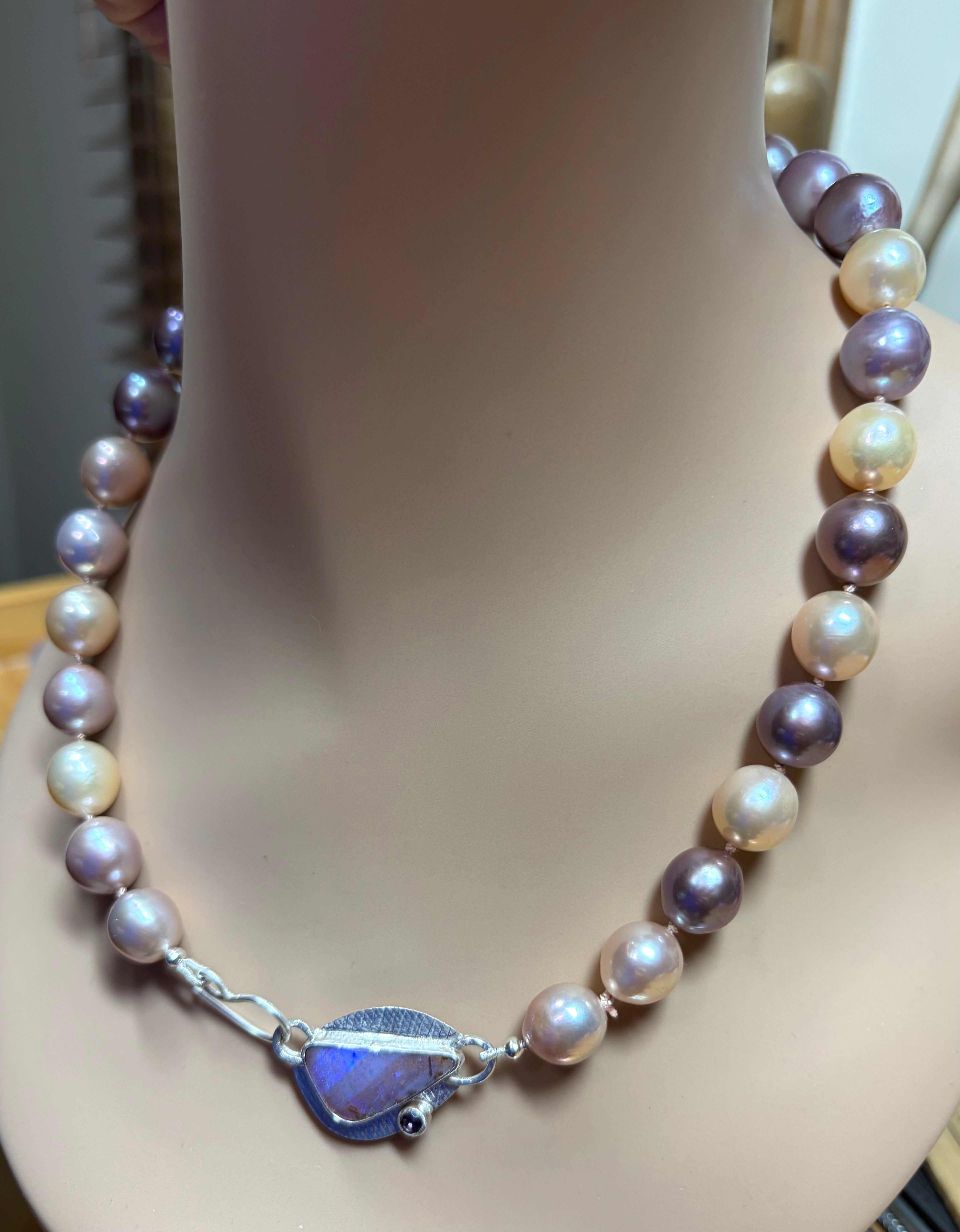 Edison Pearl Necklace: Boulder Opal Clasp, Multi Color Freshwater Pearls