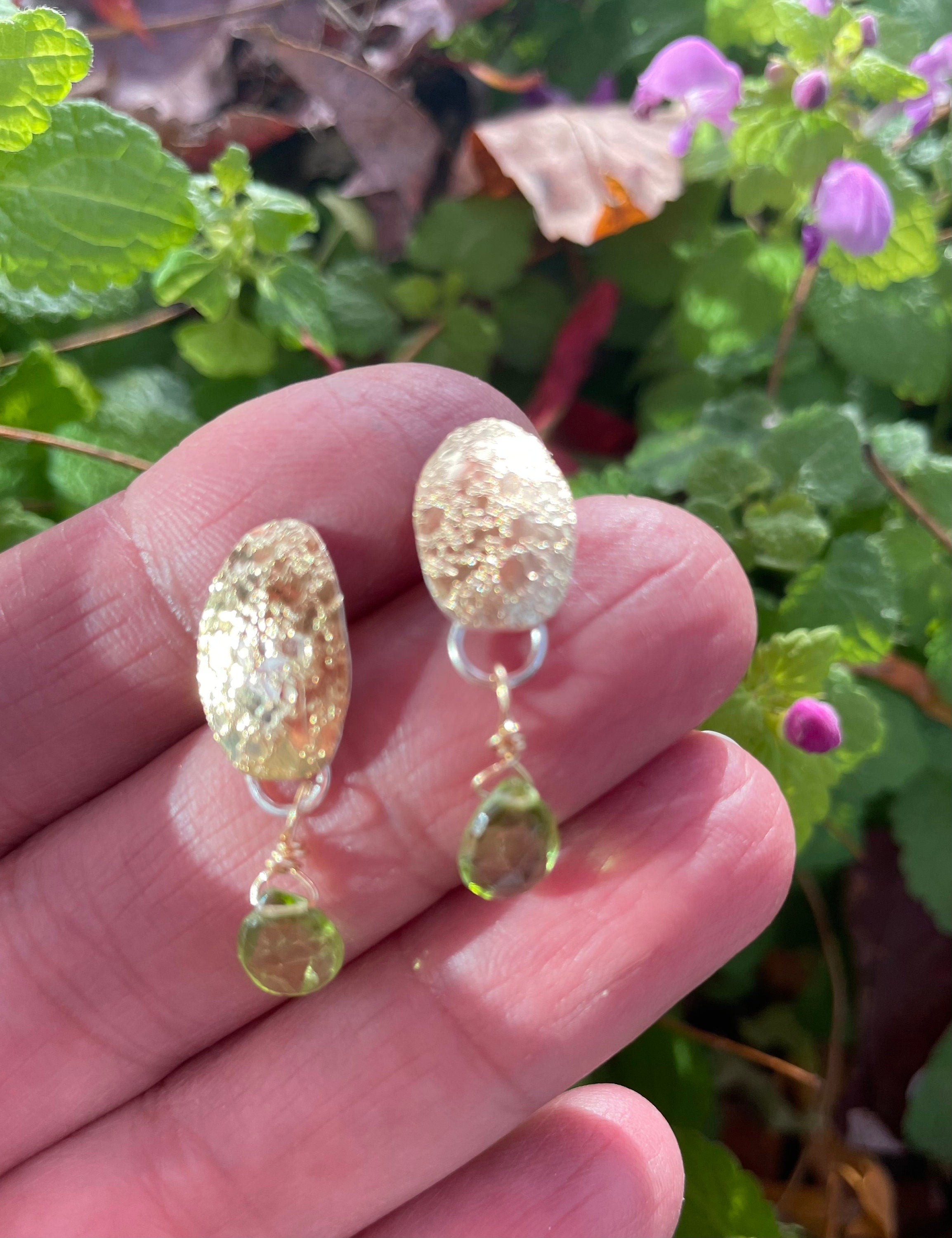 Peridot Drop Earrings: 18K Gold Leaf, Sterling Silver Posts, August Birthstone