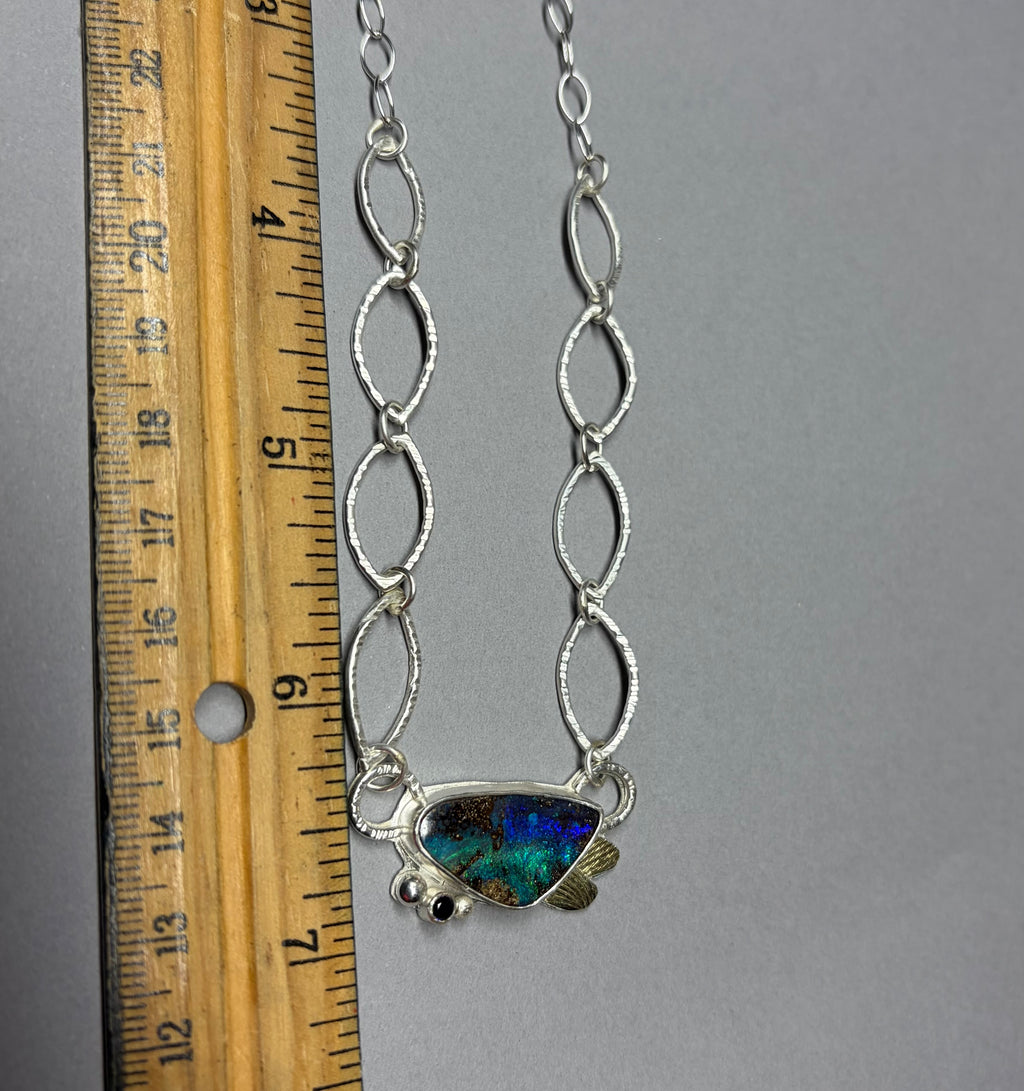 Boulder Opal Necklace with Sapphire: Sterling Silver, Gold, - OOAK Australian Opal